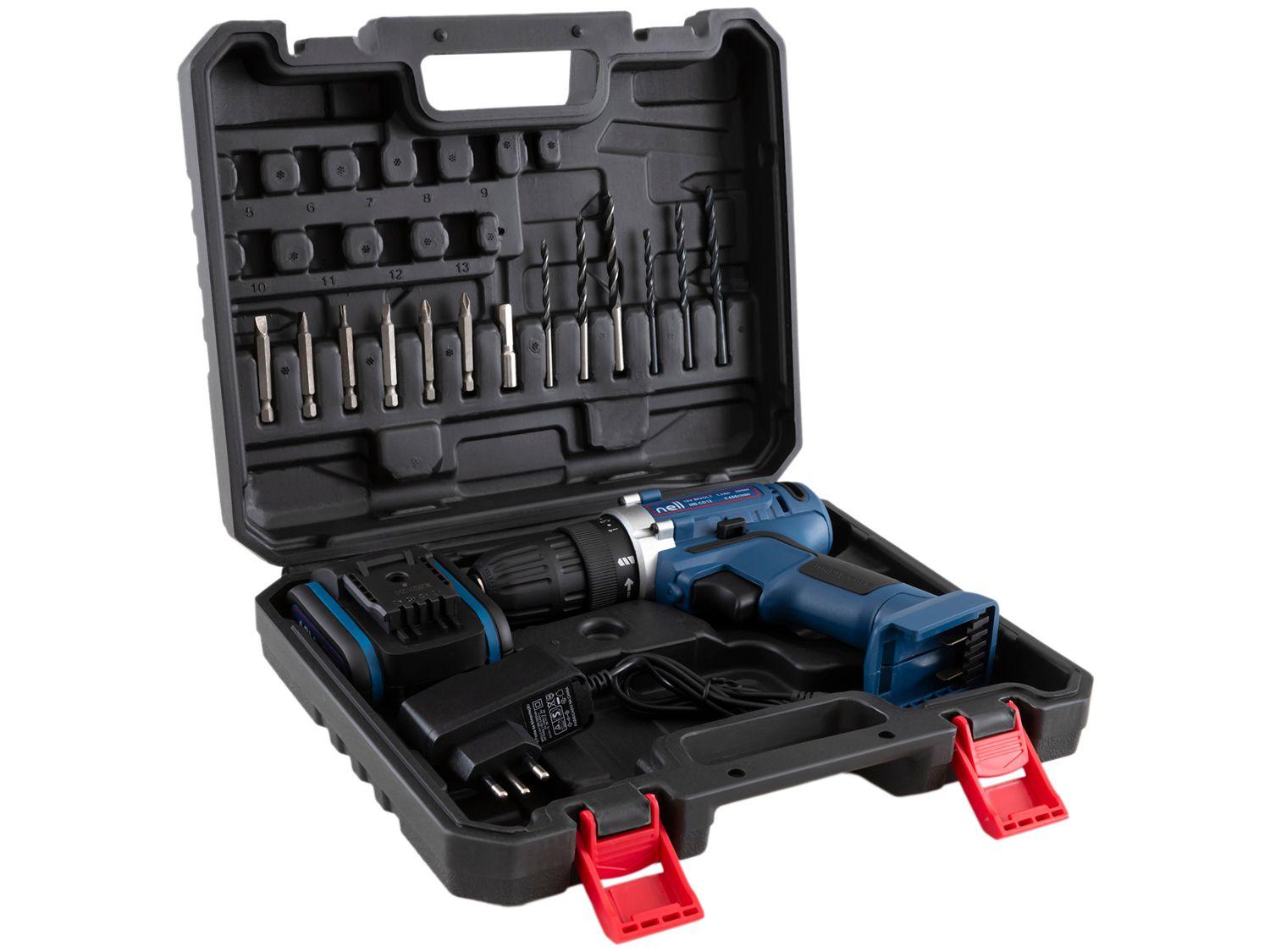 Furadeira e Parafusadeira a Bateria 12V 3/8" com Maleta + 13 Peças Nell