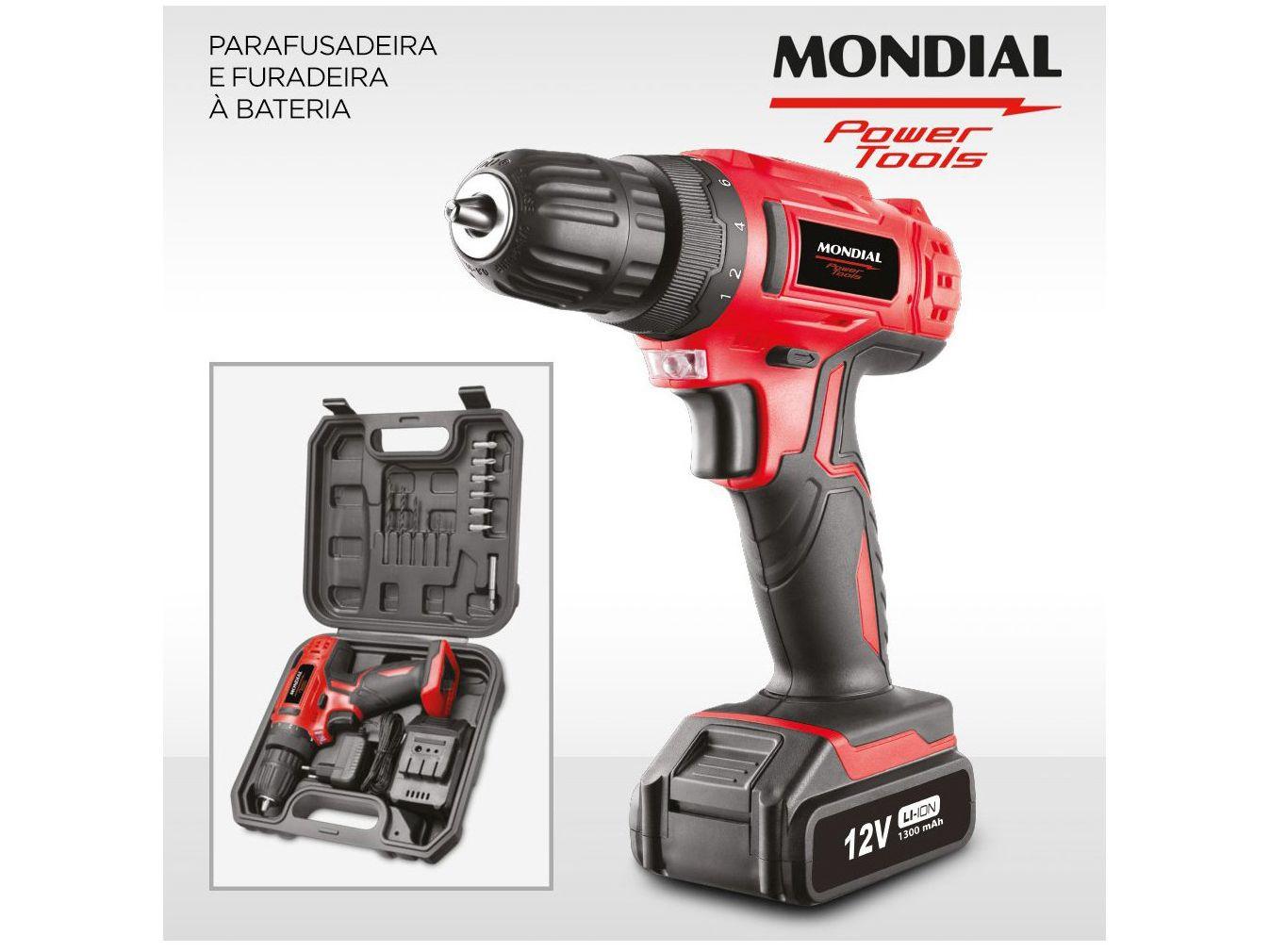 Furadeira e Parafusadeira Mondial a Bateria 12V com Maleta Power Tools FPF-06M