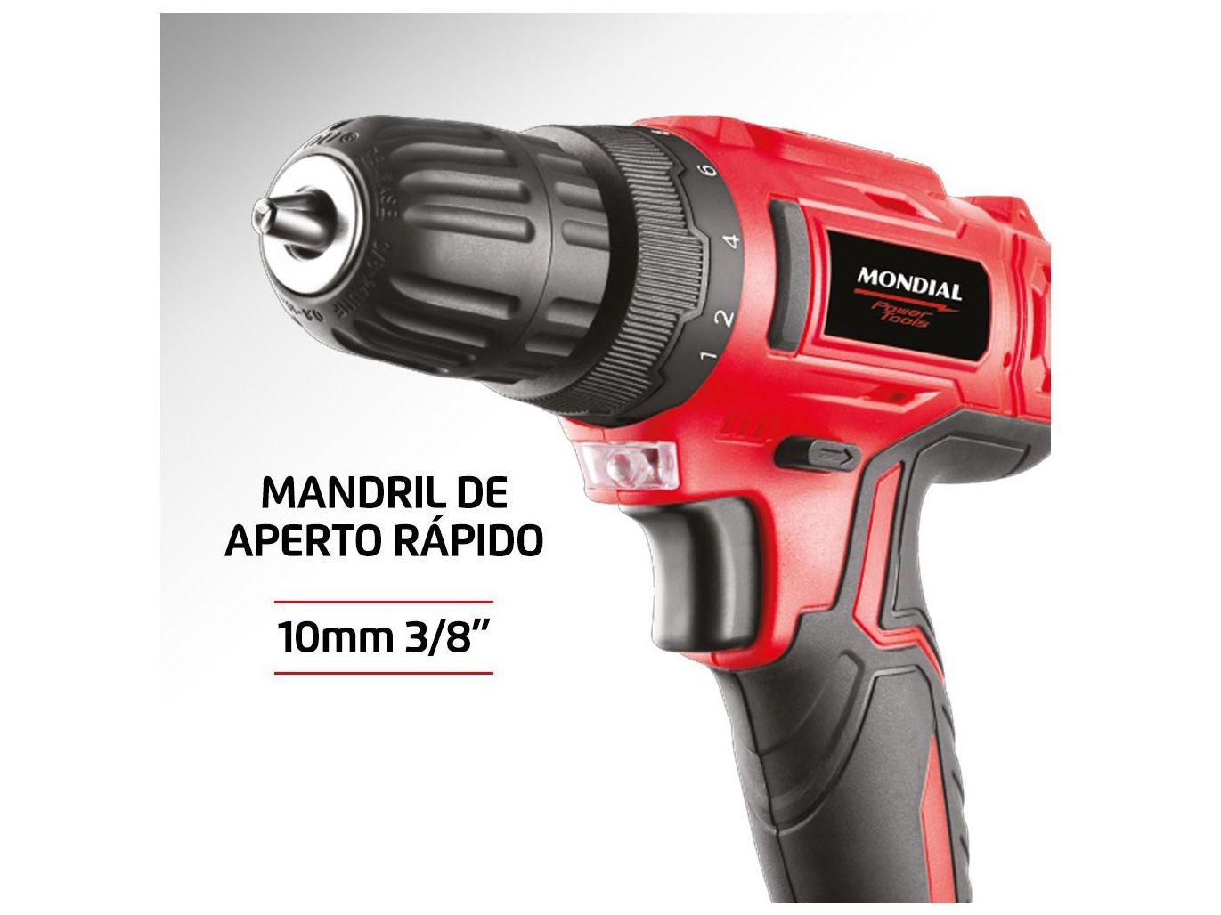 Furadeira e Parafusadeira Mondial a Bateria 12V com Maleta Power Tools FPF-06M
