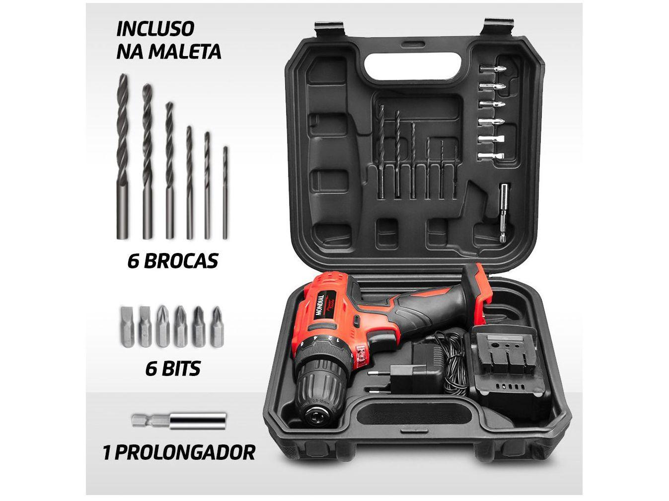 Furadeira e Parafusadeira Mondial a Bateria 12V com Maleta Power Tools FPF-06M
