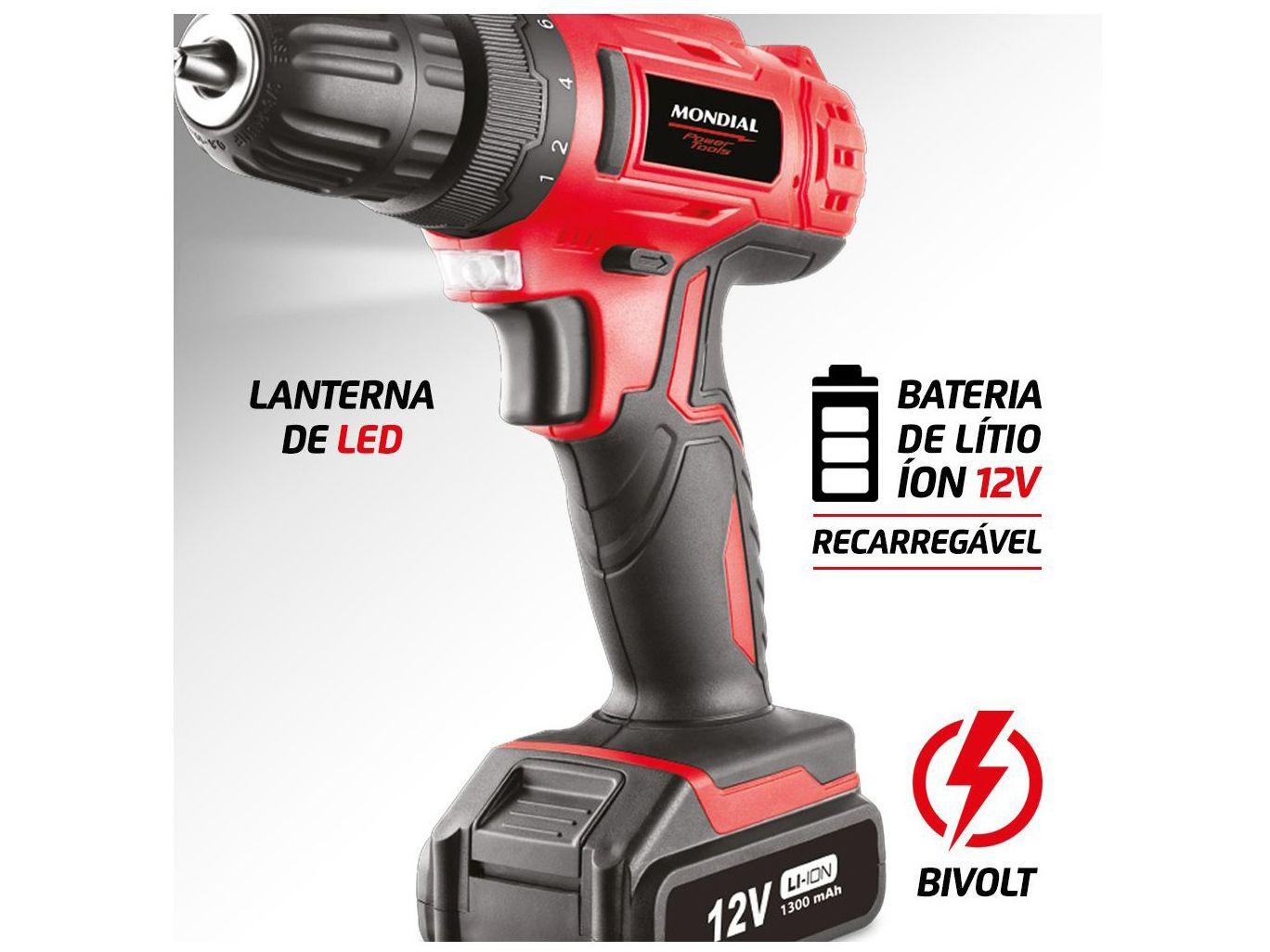 Furadeira e Parafusadeira Mondial a Bateria 12V com Maleta Power Tools FPF-06M
