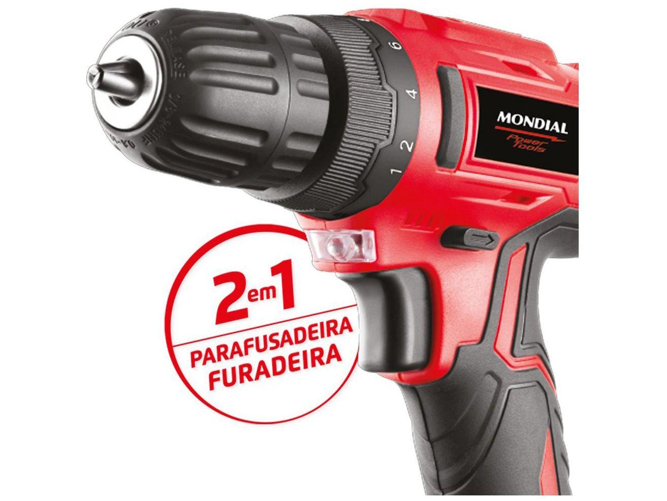 Furadeira e Parafusadeira Mondial a Bateria 12V com Maleta Power Tools FPF-06M