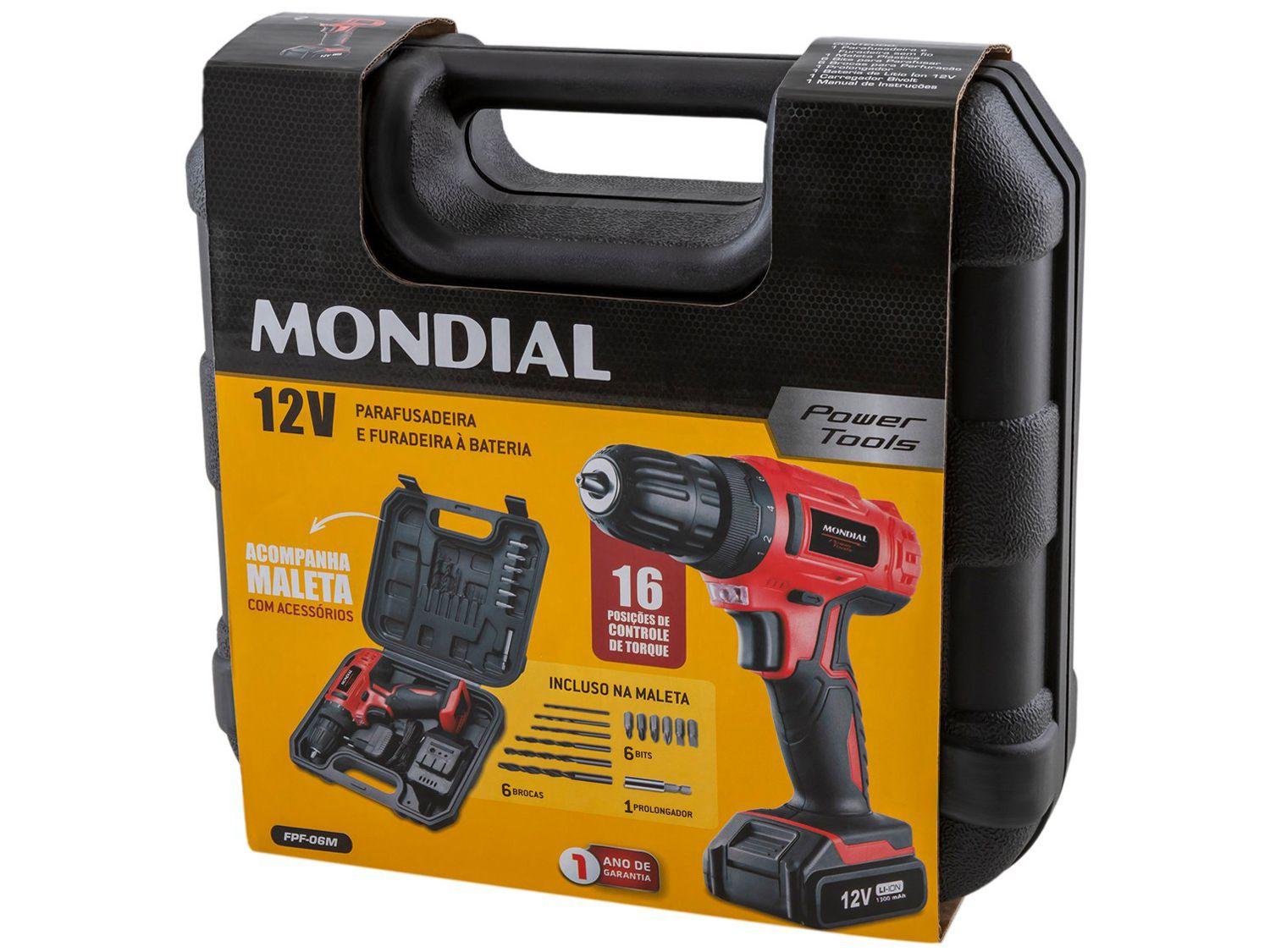 Furadeira e Parafusadeira Mondial a Bateria 12V com Maleta Power Tools FPF-06M