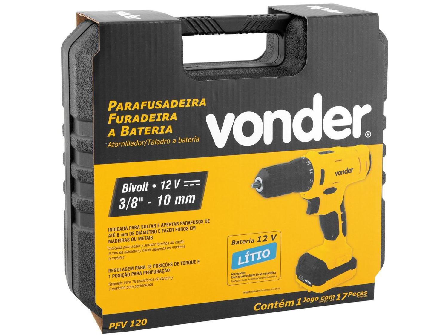 Furadeira e Parafusadeira Vonder a Bateria 12V com Maleta 18 Peças PFV 120