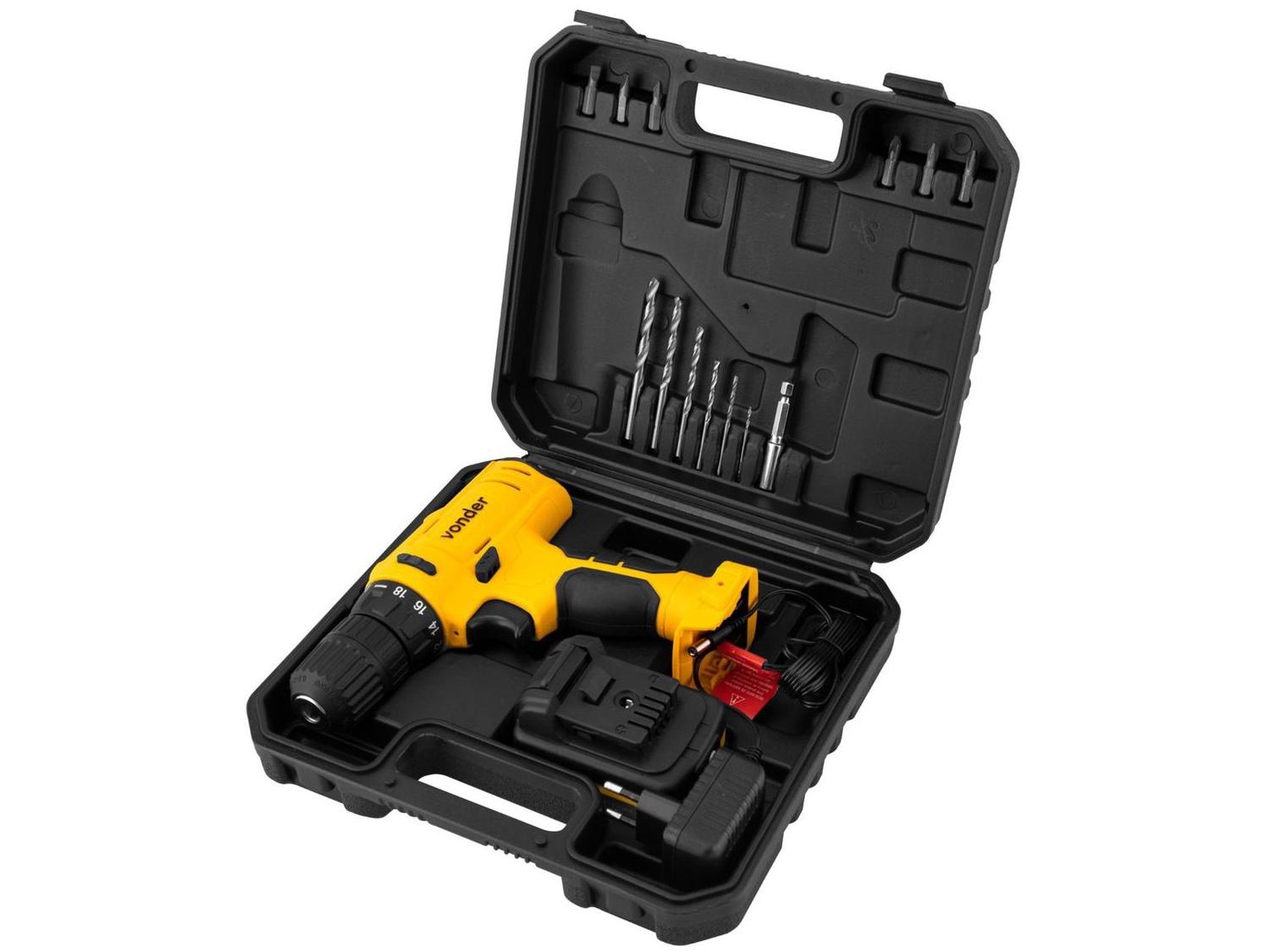 Furadeira e Parafusadeira Vonder a Bateria 12V com Maleta 18 Peças PFV 120