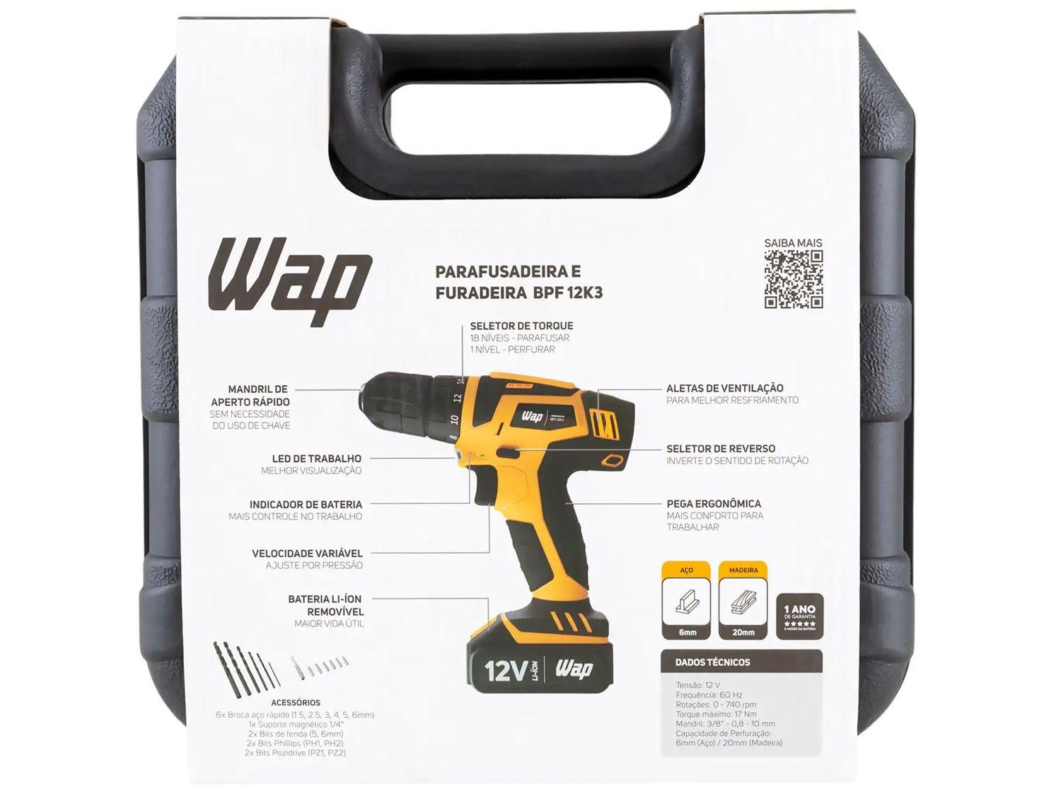 Furadeira e Parafusadeira Wap a Bateria 12V com Maleta 13 Peças BPF 12K3