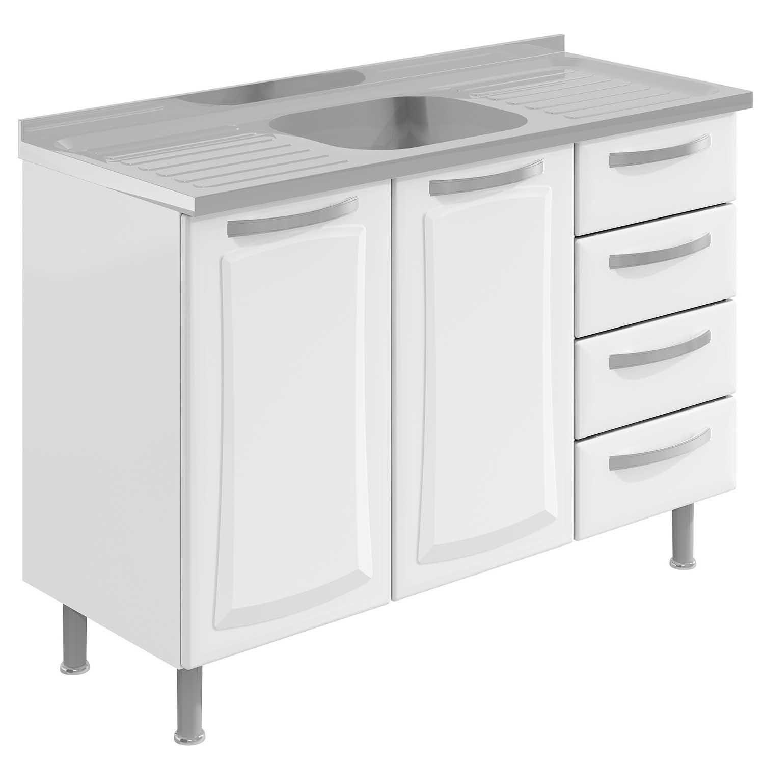 Modelo de gabinete para pia branco com gavetas e pia de inox