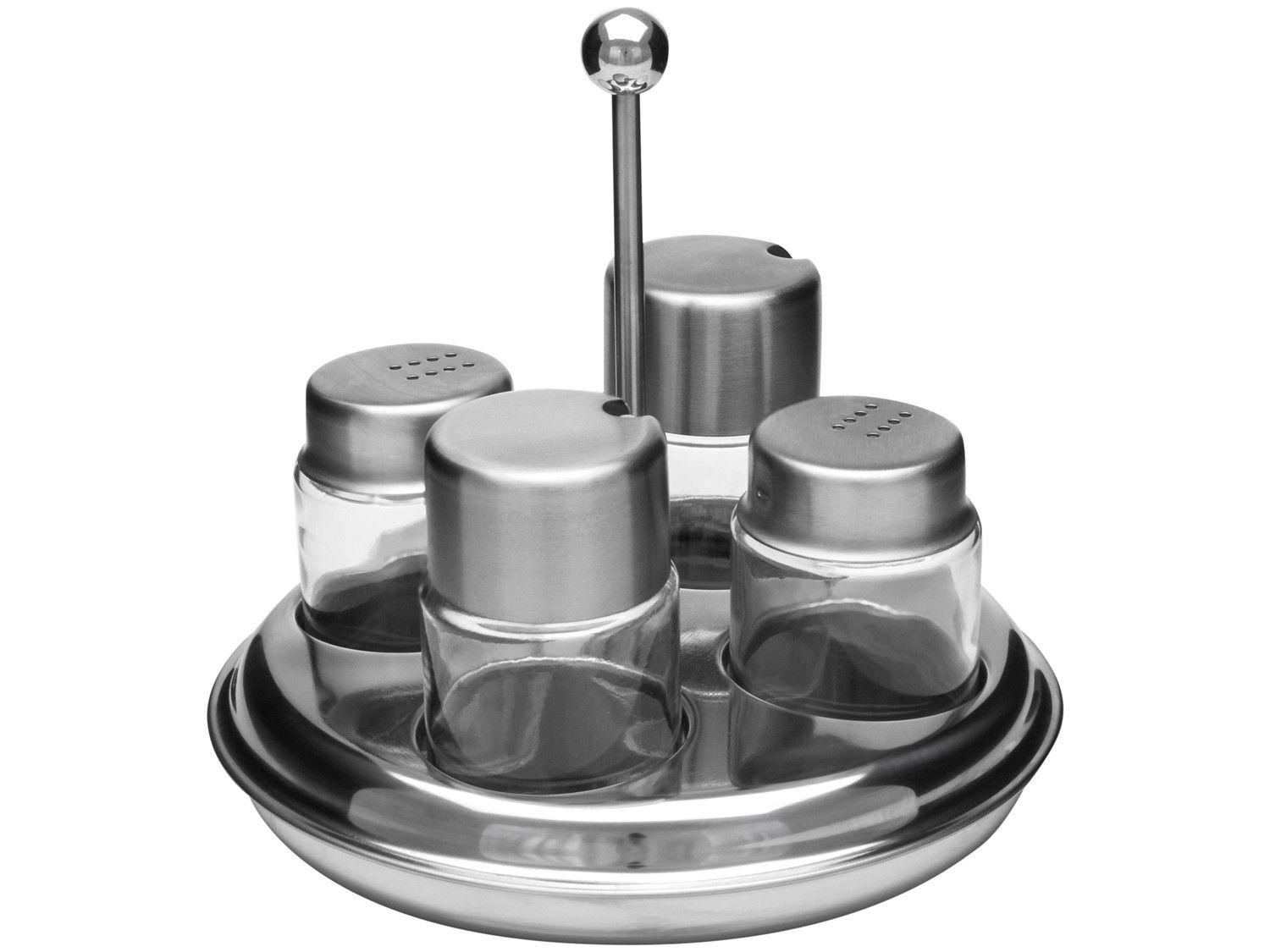 Galheteiro Vidro Forma Inox 5 Peças com Suporte