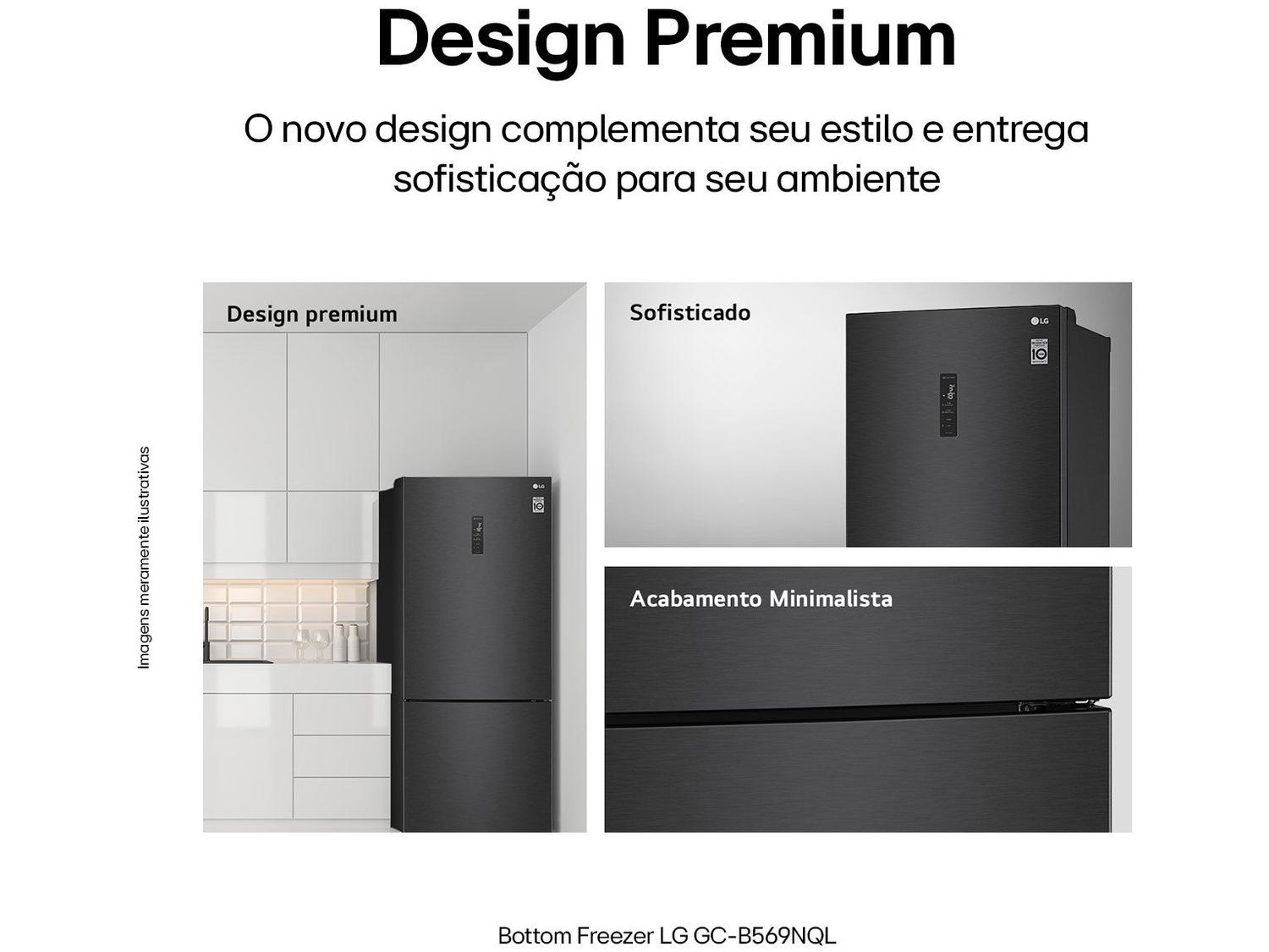 Geladeira LG GC-B569NQL em diferentes ângulos mostrando design premium e sofisticado