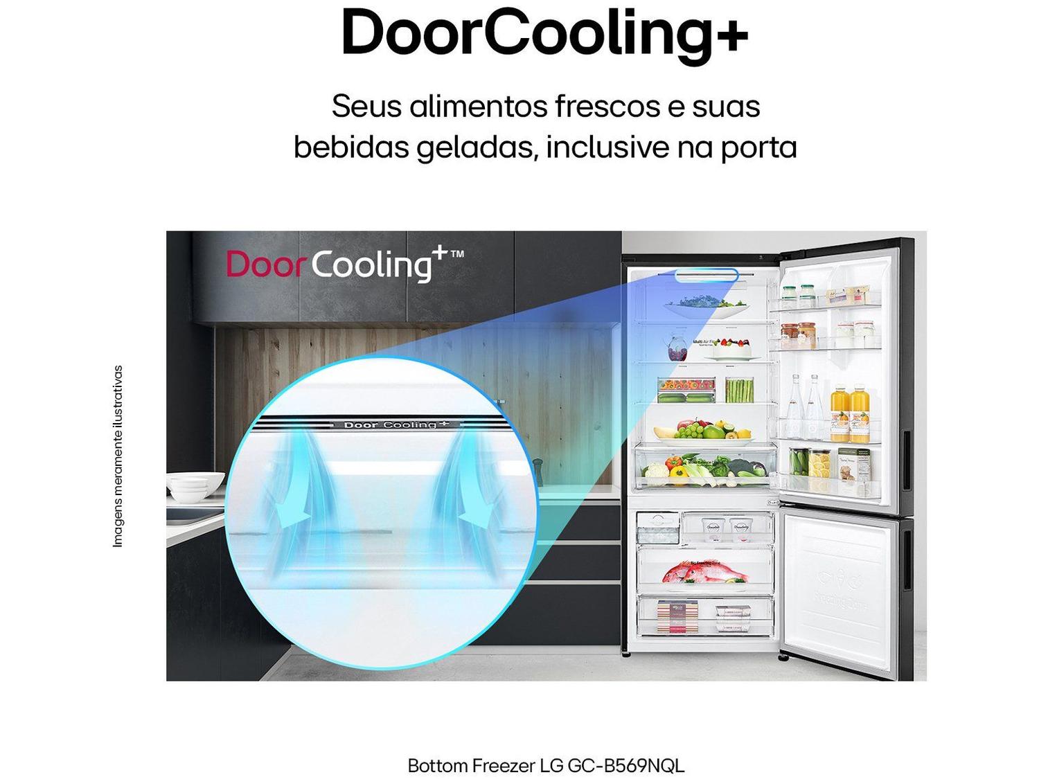 Geladeira LG GC-B569NQL com porta aberta destacando a tecnologia Door Cooling+