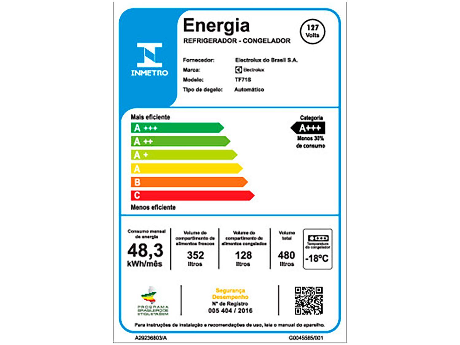 Geladeira/Refrigerador Electrolux Frost Free Duplex Inox Look 480L Efficient TF71S