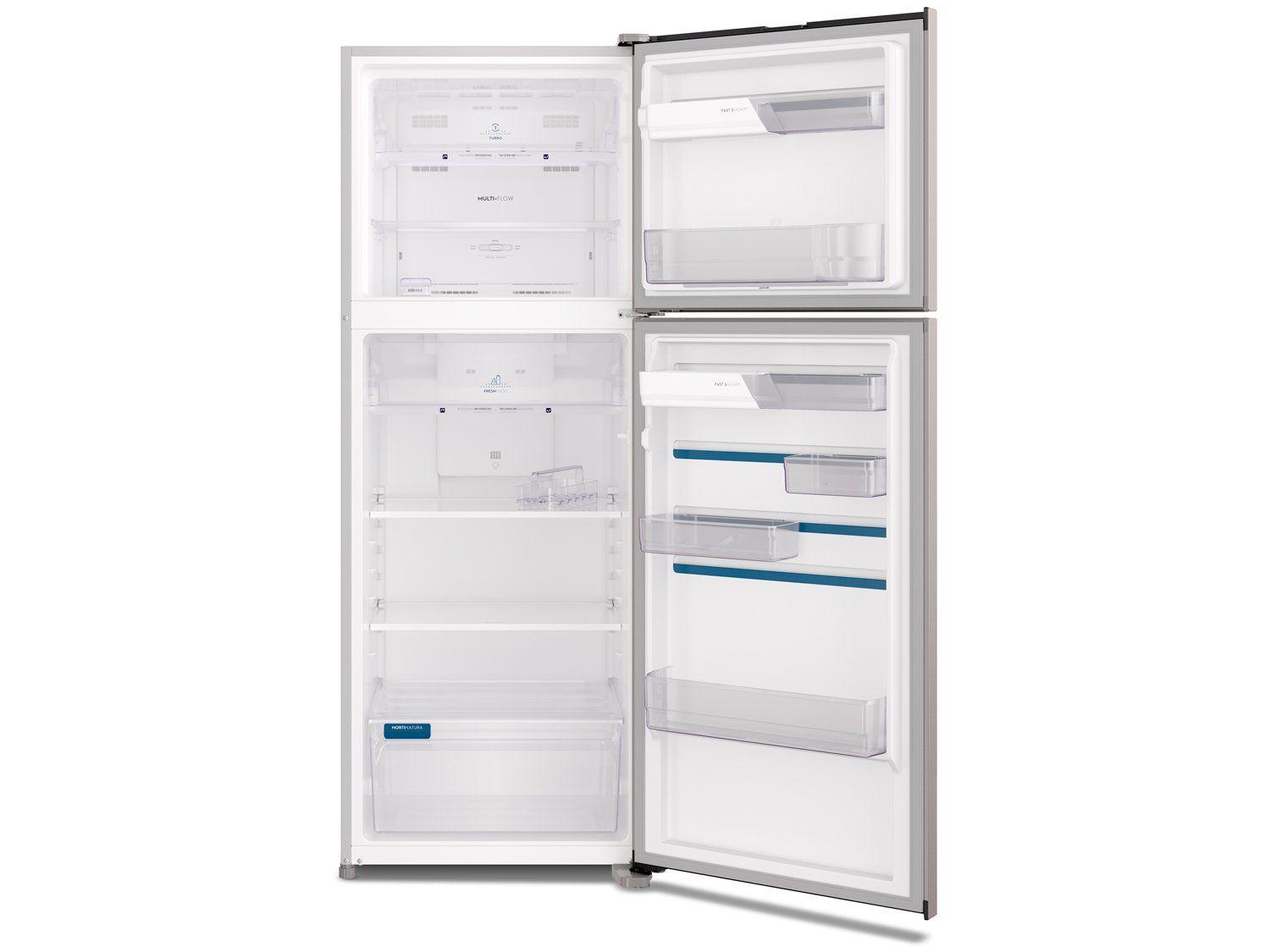 Geladeira Electrolux Frost Free Duplex Inox Look 480L Efficient aberta, mostrando o interior vazio com prateleiras e gavetas
