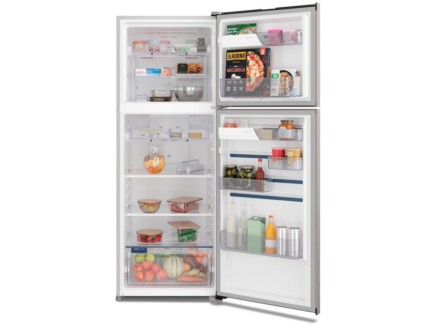 Geladeira Electrolux Frost Free Duplex Inox Look 480L Efficient aberta, mostrando o interior organizado com alimentos