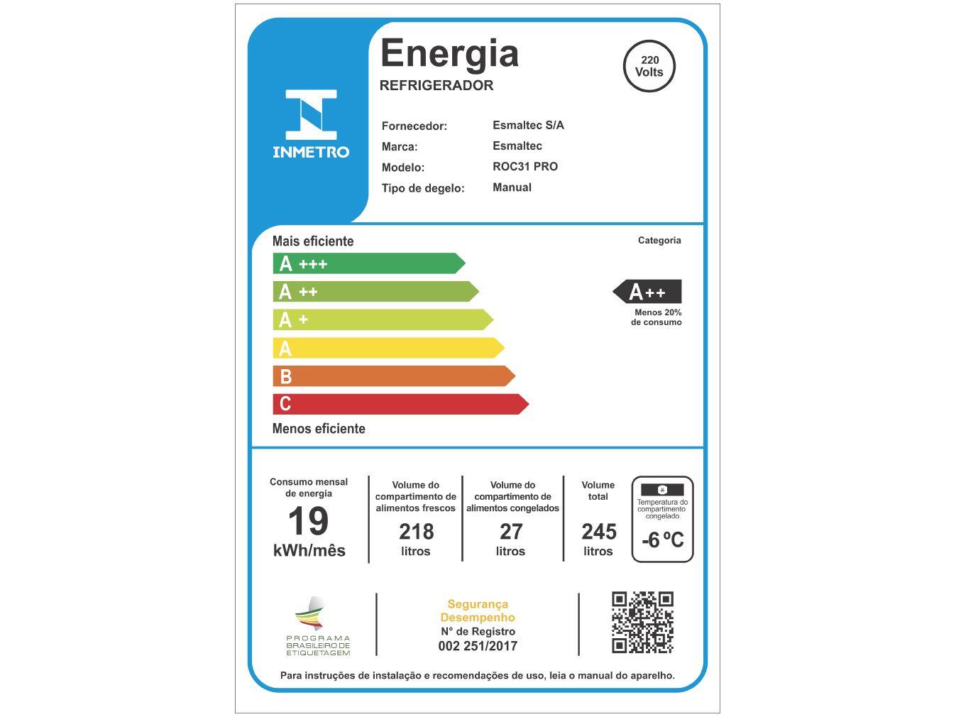 Geladeira/Refrigerador Esmaltec Branca 245L ROC31 PRO