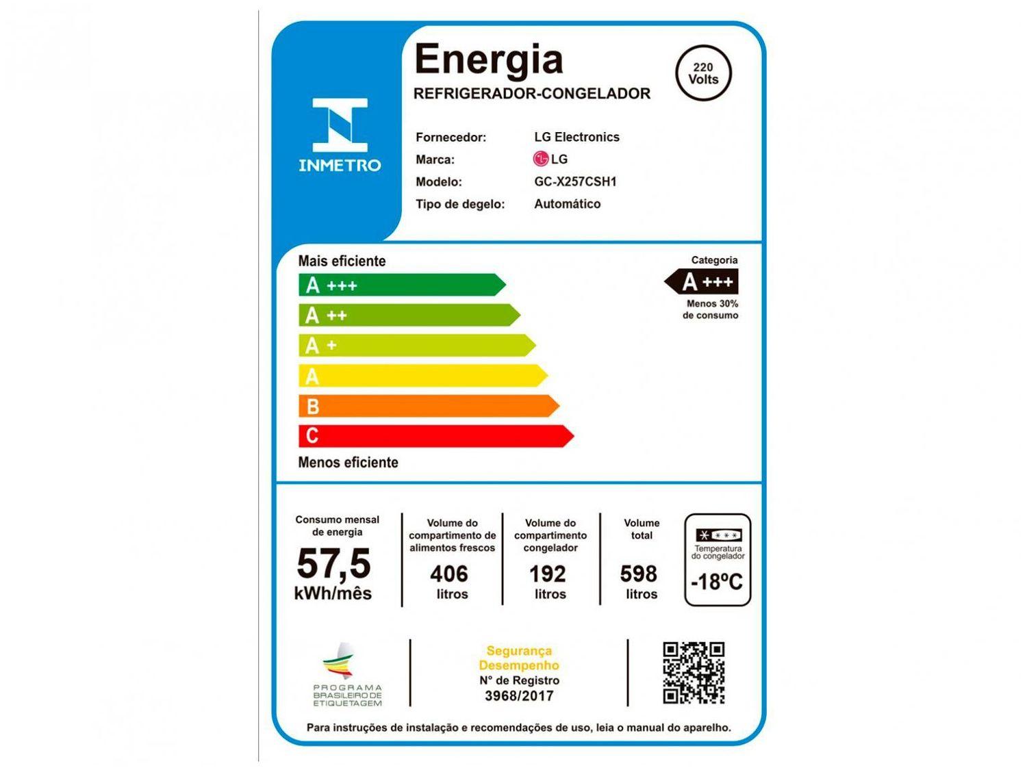 Geladeira/Refrigerador LG Frost Free Side by Side 598L com Dispenser de Água GC-X257C