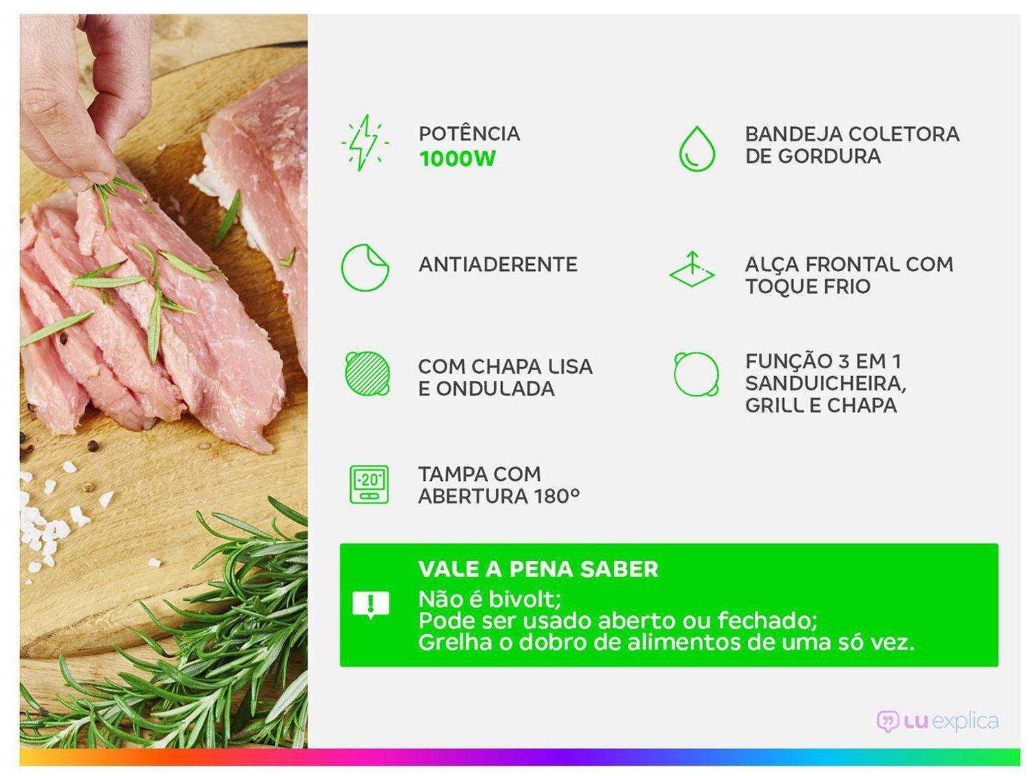 Grill Mondial PG-01-180 Master Press Duo 3 em 1 Retangular com Chapa 1000W