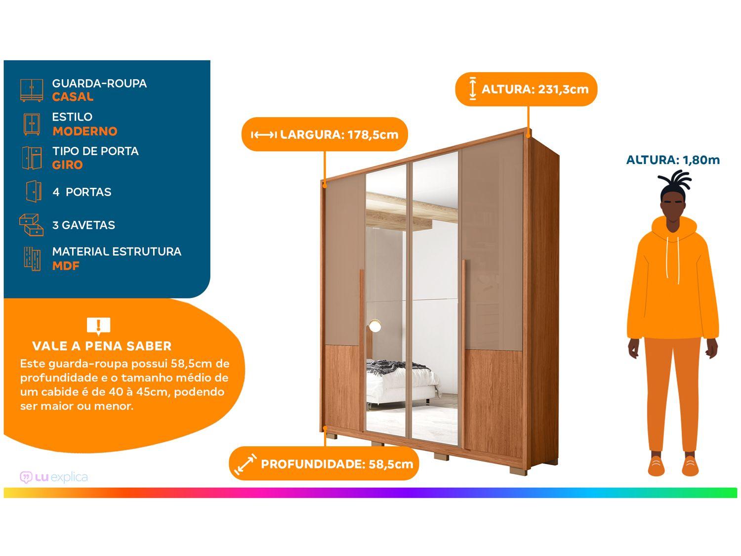 Guarda-roupa Casal com Espelho 3 Gavetas 4 Portas Caemmun Tango