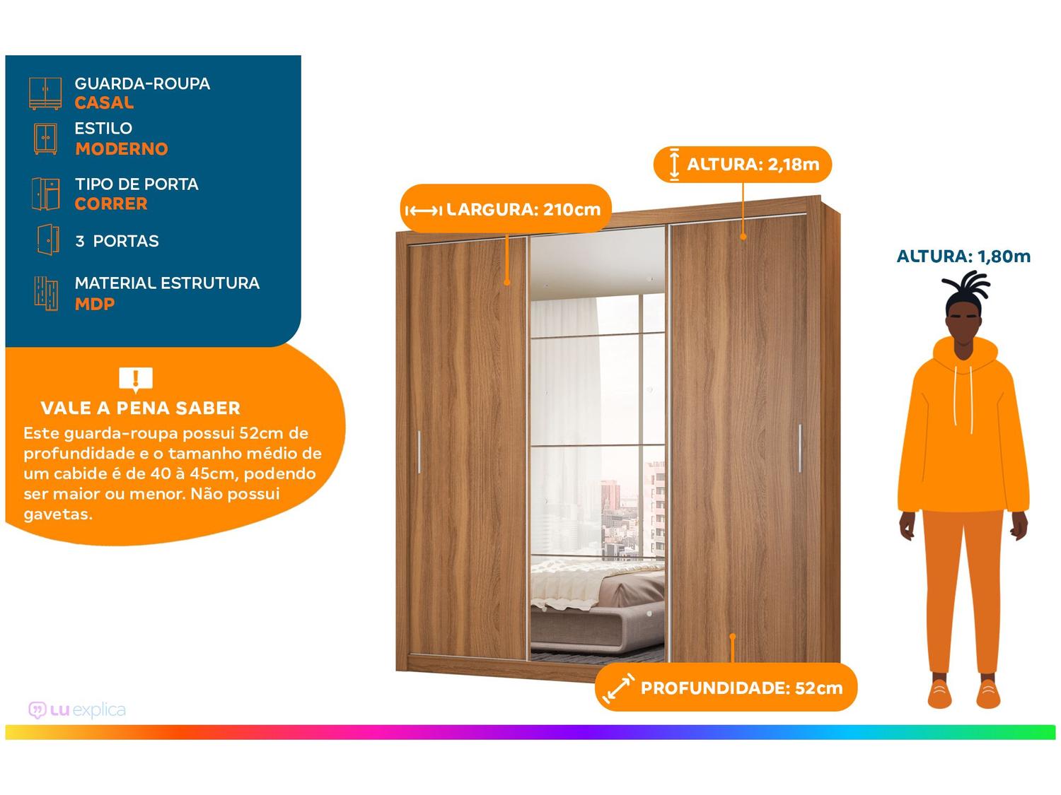 Guarda-roupa Casal com Espelho 3 Portas de Correr 2 Gavetas Demóbile Residence Flex