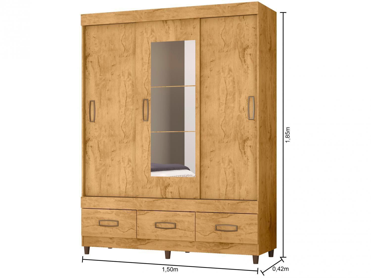 Guarda-roupa Casal com Espelho 3 Portas de Correr 3 Gavetas Araplac Cairo