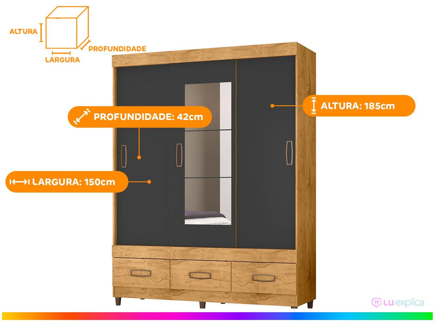 Guarda-roupa Casal com Espelho 3 Portas de Correr 3 Gavetas Araplac Cairo