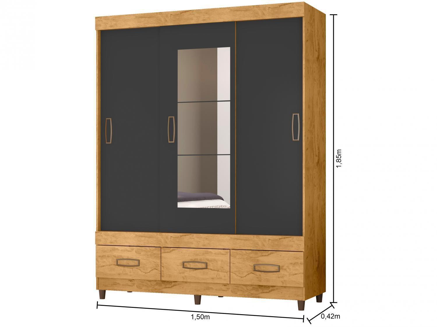 Guarda-roupa Casal com Espelho 3 Portas de Correr 3 Gavetas Araplac Cairo