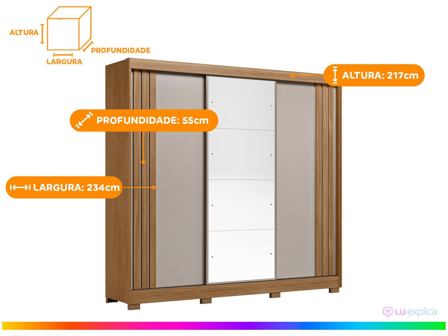 Guarda-roupa Casal com Espelho 3 Portas de Correr 6 Gavetas Demóbile Lille