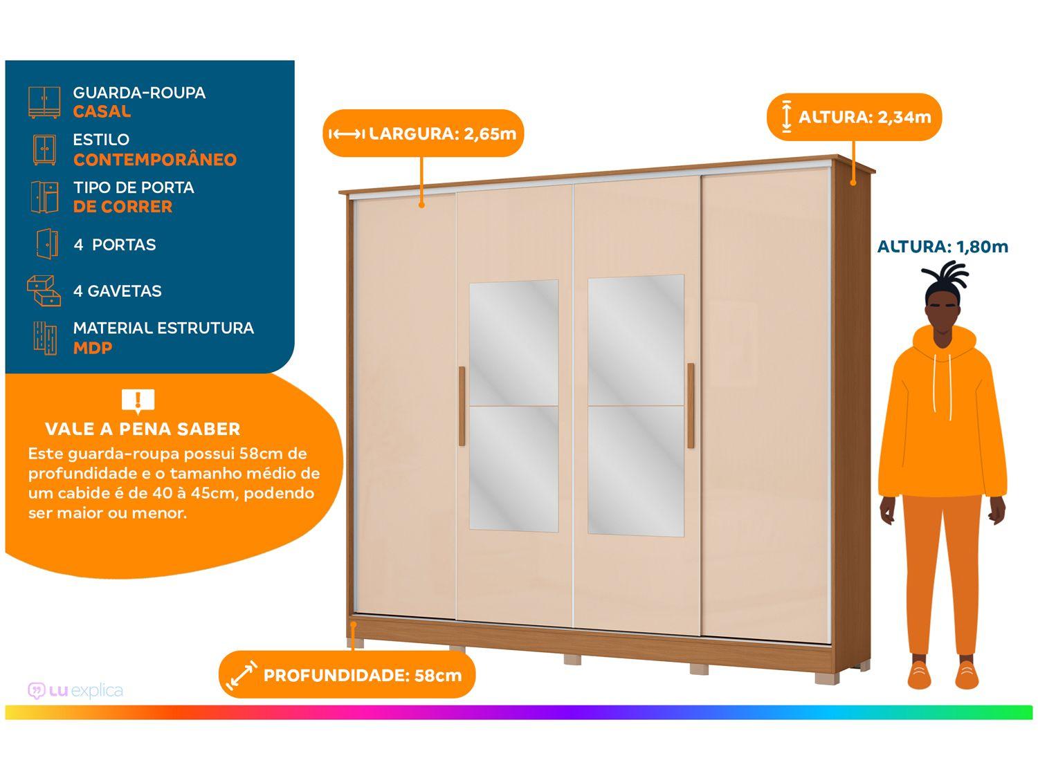 Guarda-roupa Casal com Espelho 4 Gavetas 4 Portas Kappesberg Mônaco II