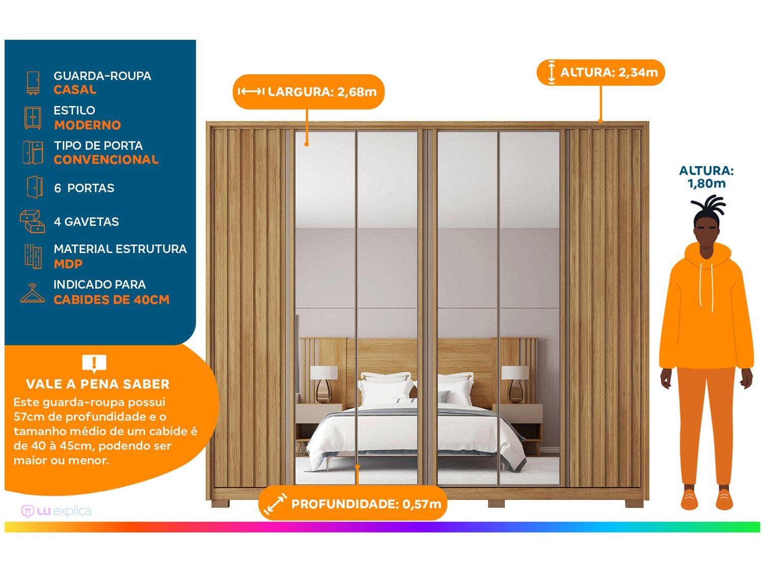 Guarda-roupa Casal com Espelho 6 Portas 4 Gavetas Caemmun Apollo
