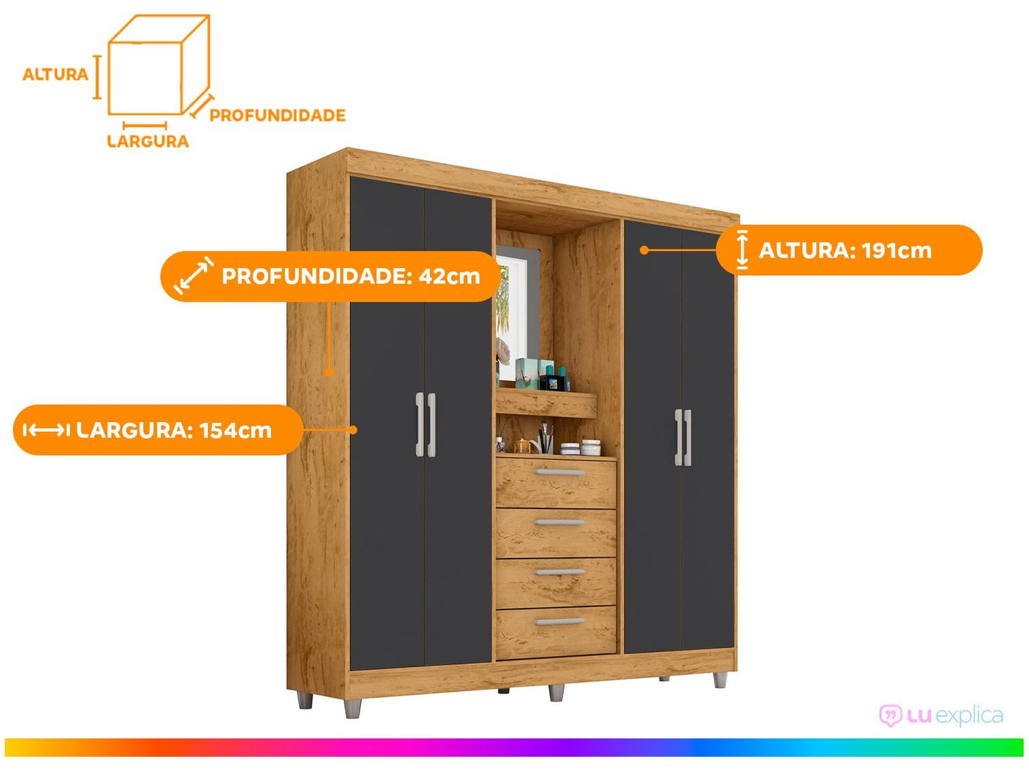 Guarda-roupa com Espelho 4 Portas 4 Gavetas Araplac Pequim