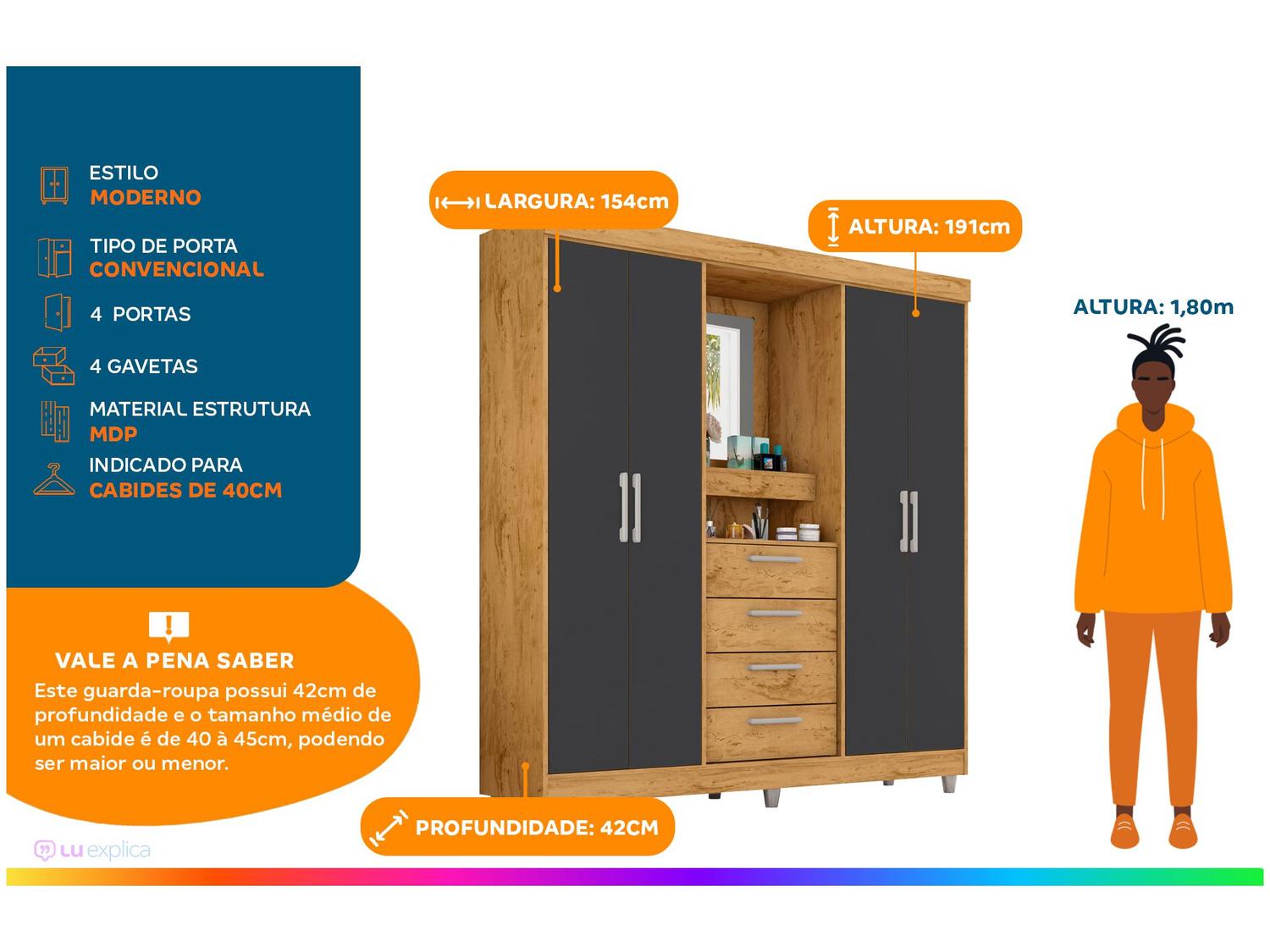 Guarda-roupa com Espelho 4 Portas 4 Gavetas Araplac Pequim