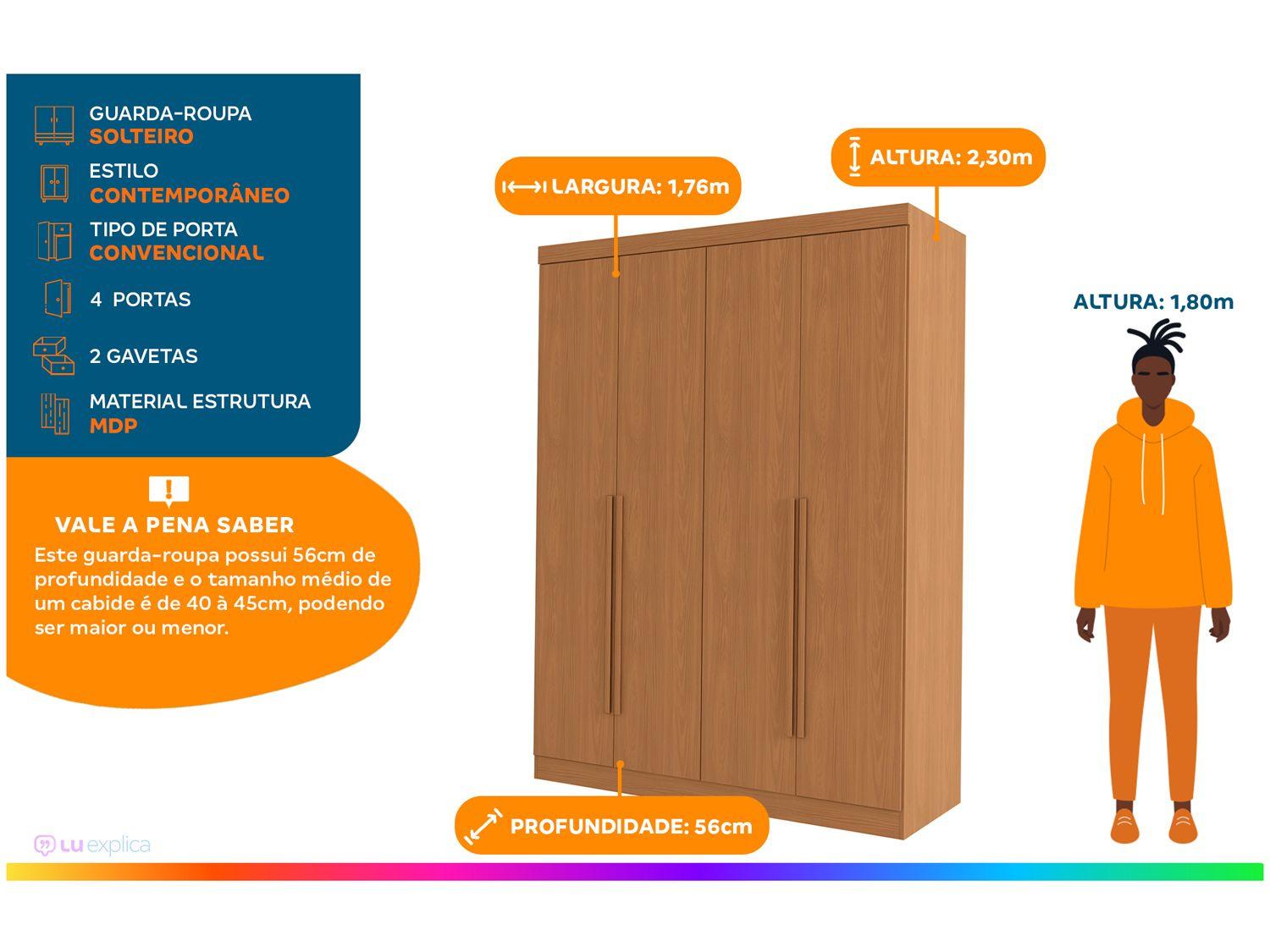 Guarda-roupa Solteiro 2 Gavetas 4 Portas Kappesberg Roma