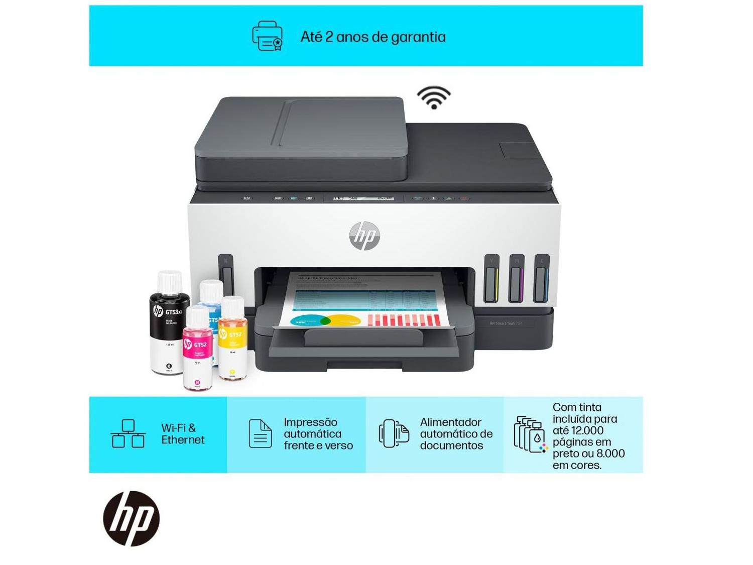 Impressora Multifuncional HP Smart Tank 754 Wi-Fi Tanque de tinta Colorida Duplex USB