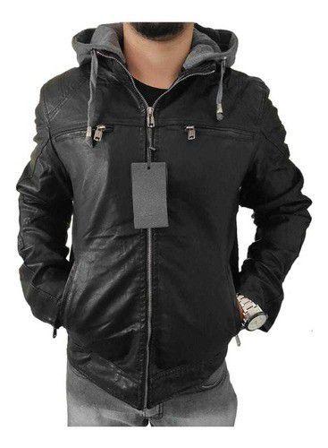 jaqueta de couro masculina com capuz em moletom removível
