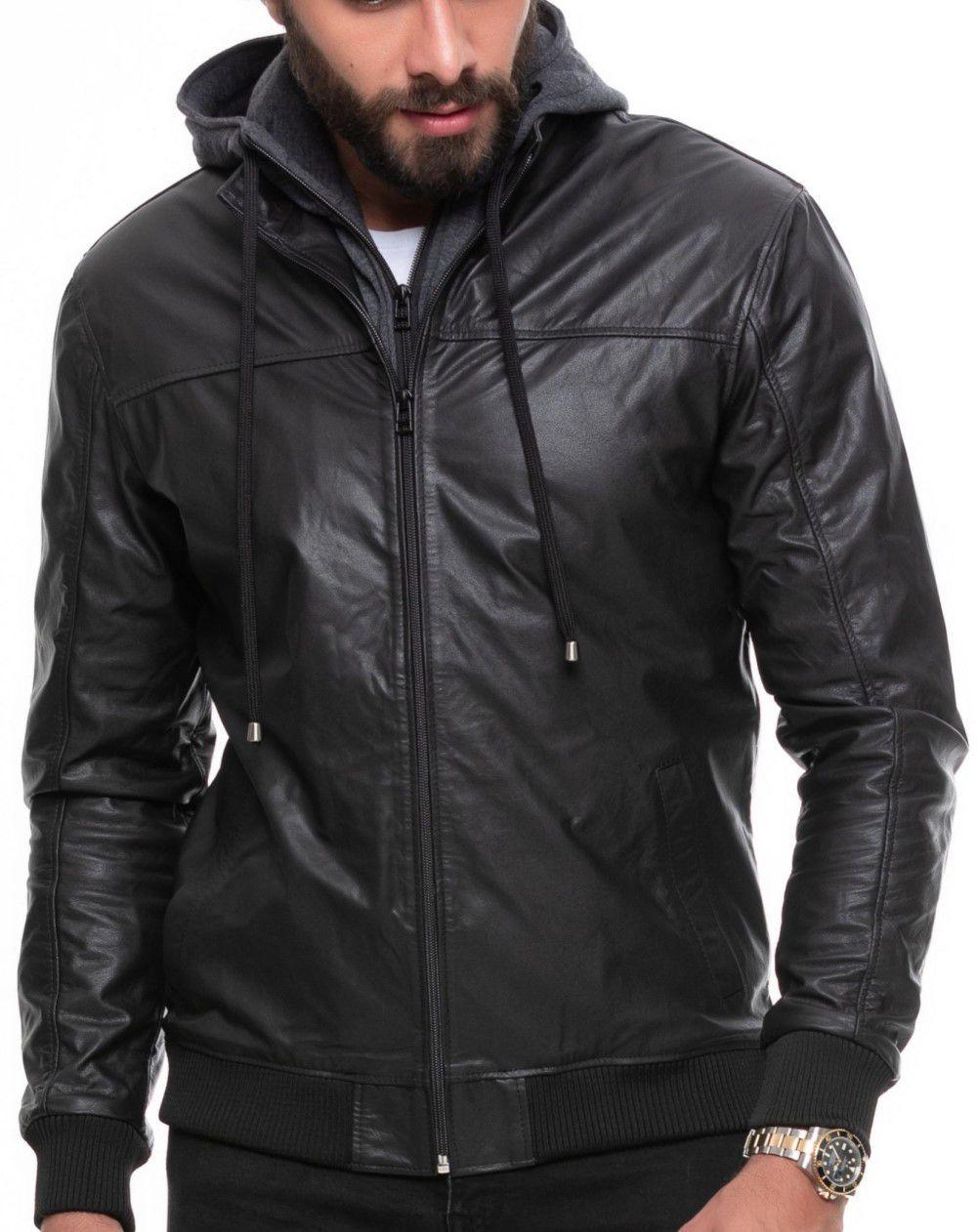 Capuz Masculina Preta Blusa De Couro Com Touca De Moletom Touca - Main Image