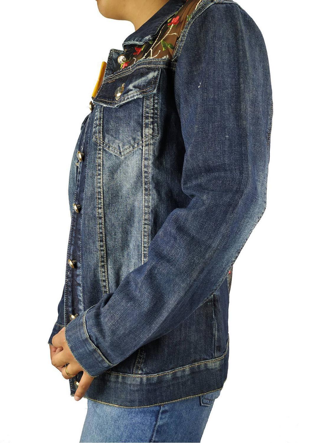 jaqueta jeans com manga de tule
