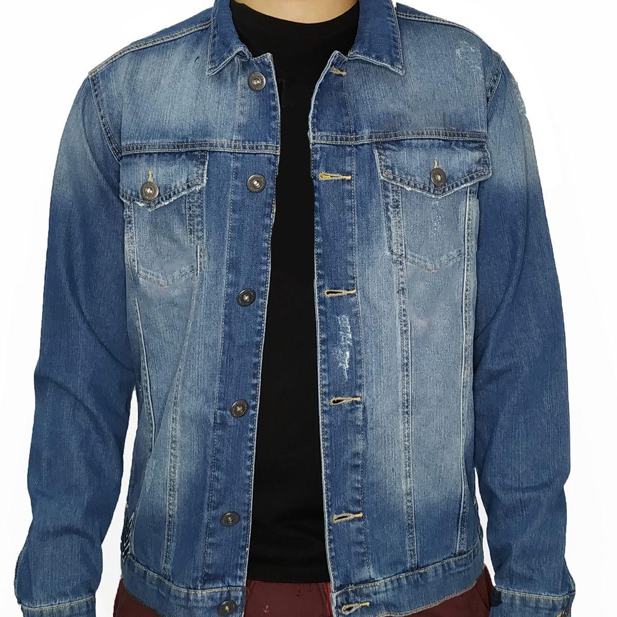 jaqueta jeans com patches masculina