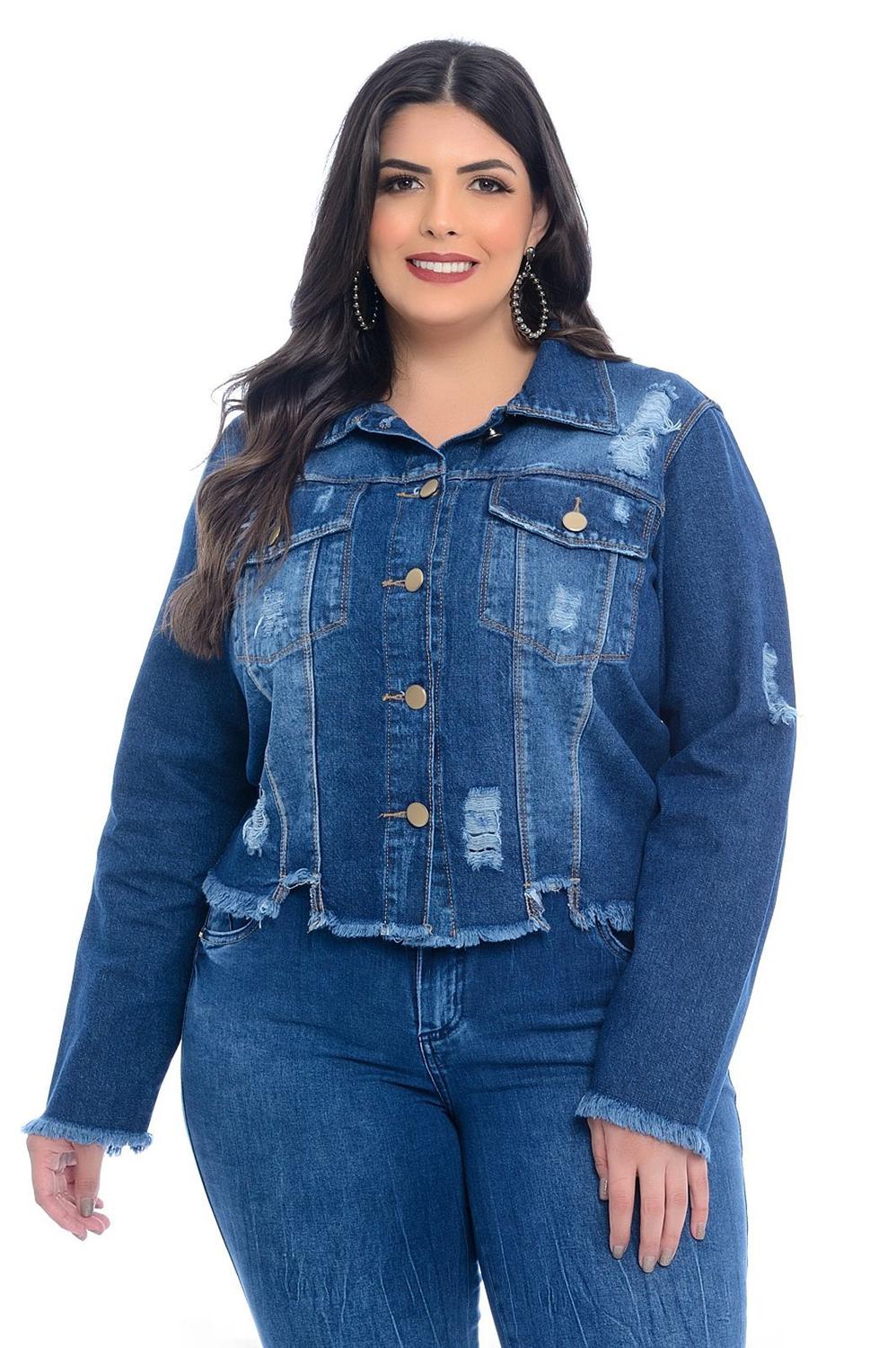 jaqueta jeans destroyed plus size
