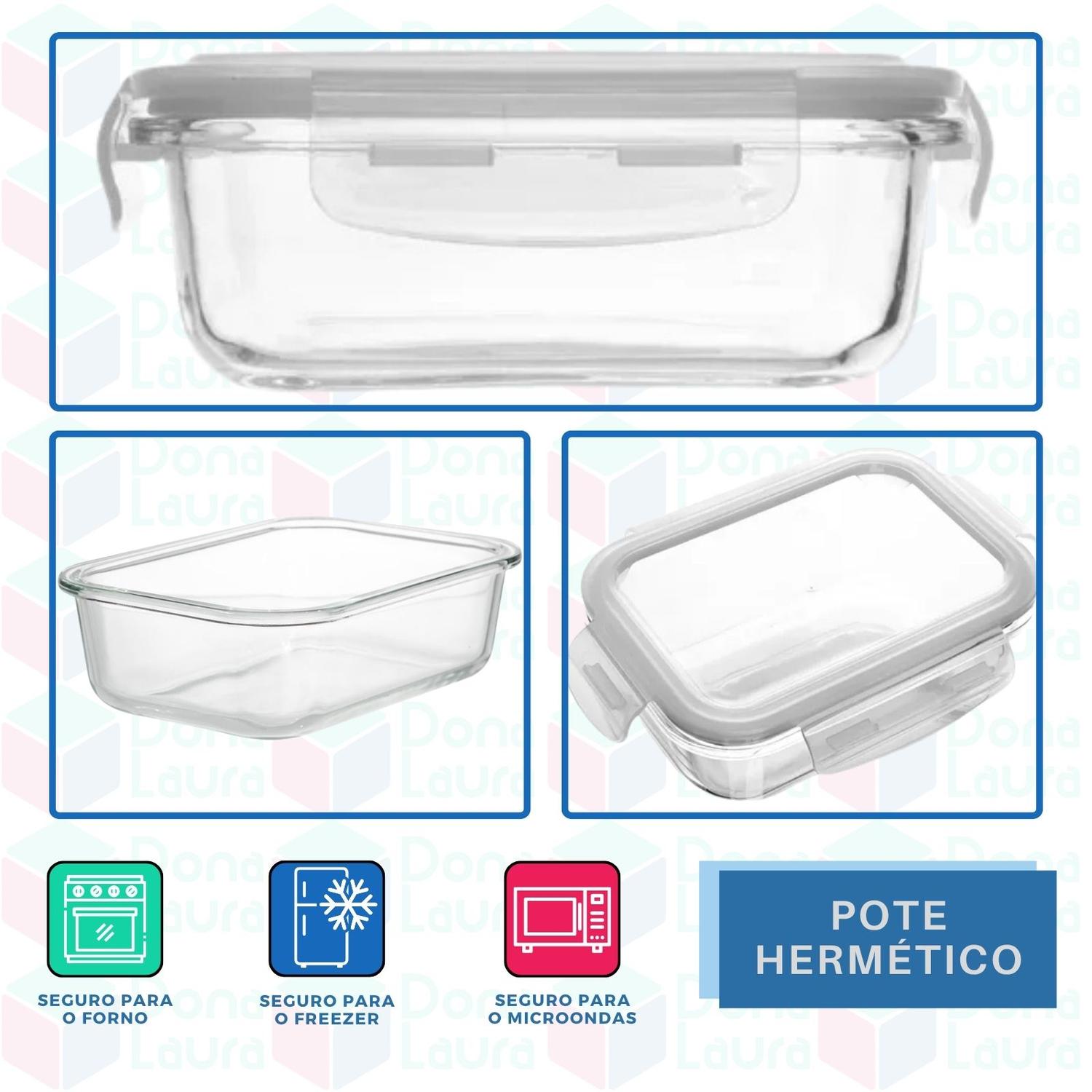 Conjunto de imagens mostrando o pote de vidro, vista superior e ícones de uso em forno, freezer e micro-ondas
