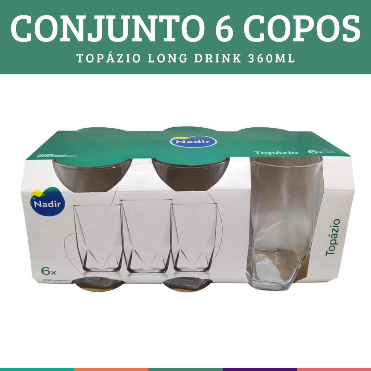 Jogo 6 Copos De Vidro transparente Lond Drink 360ML Topázio