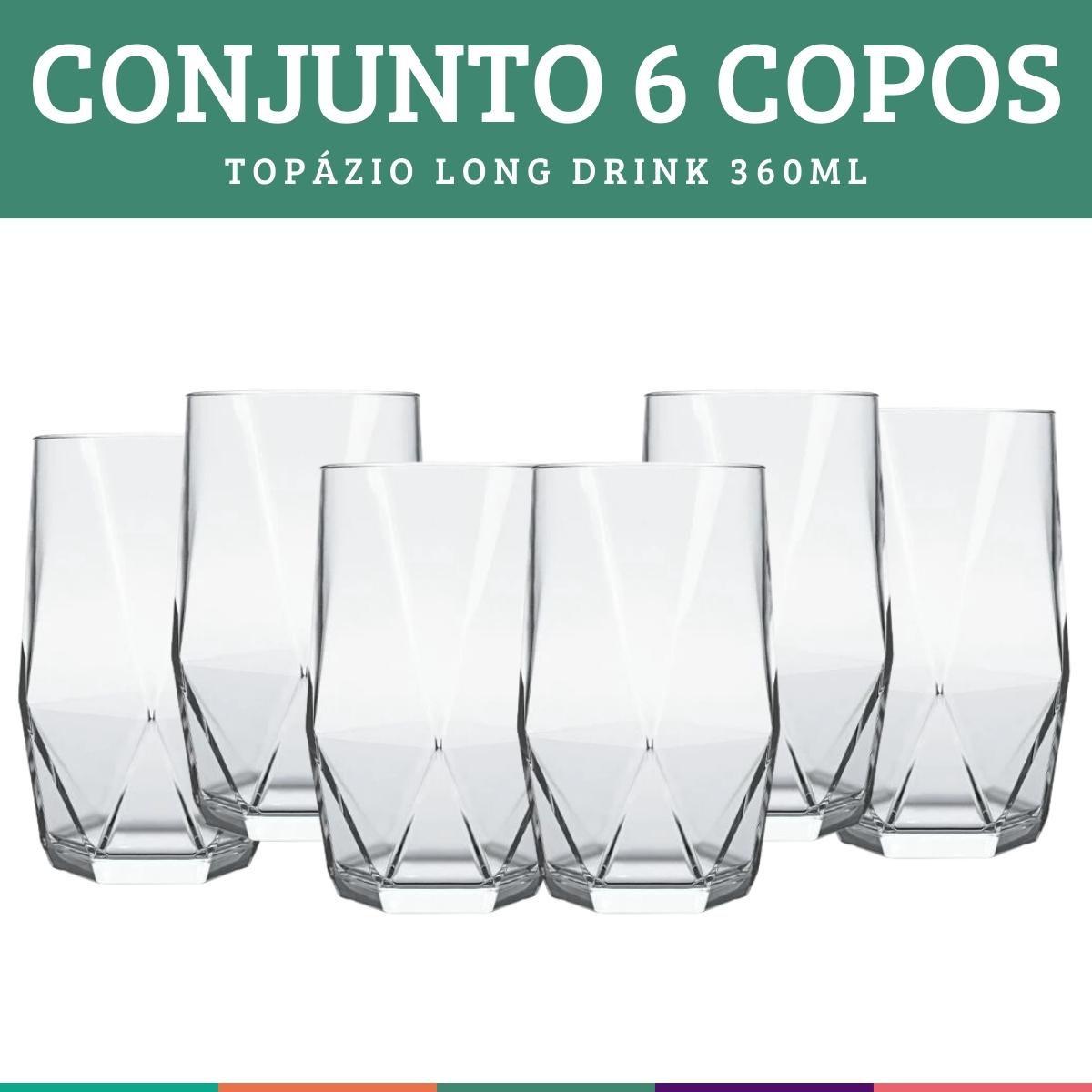 Jogo 6 Copos De Vidro transparente Lond Drink 360ML Topázio