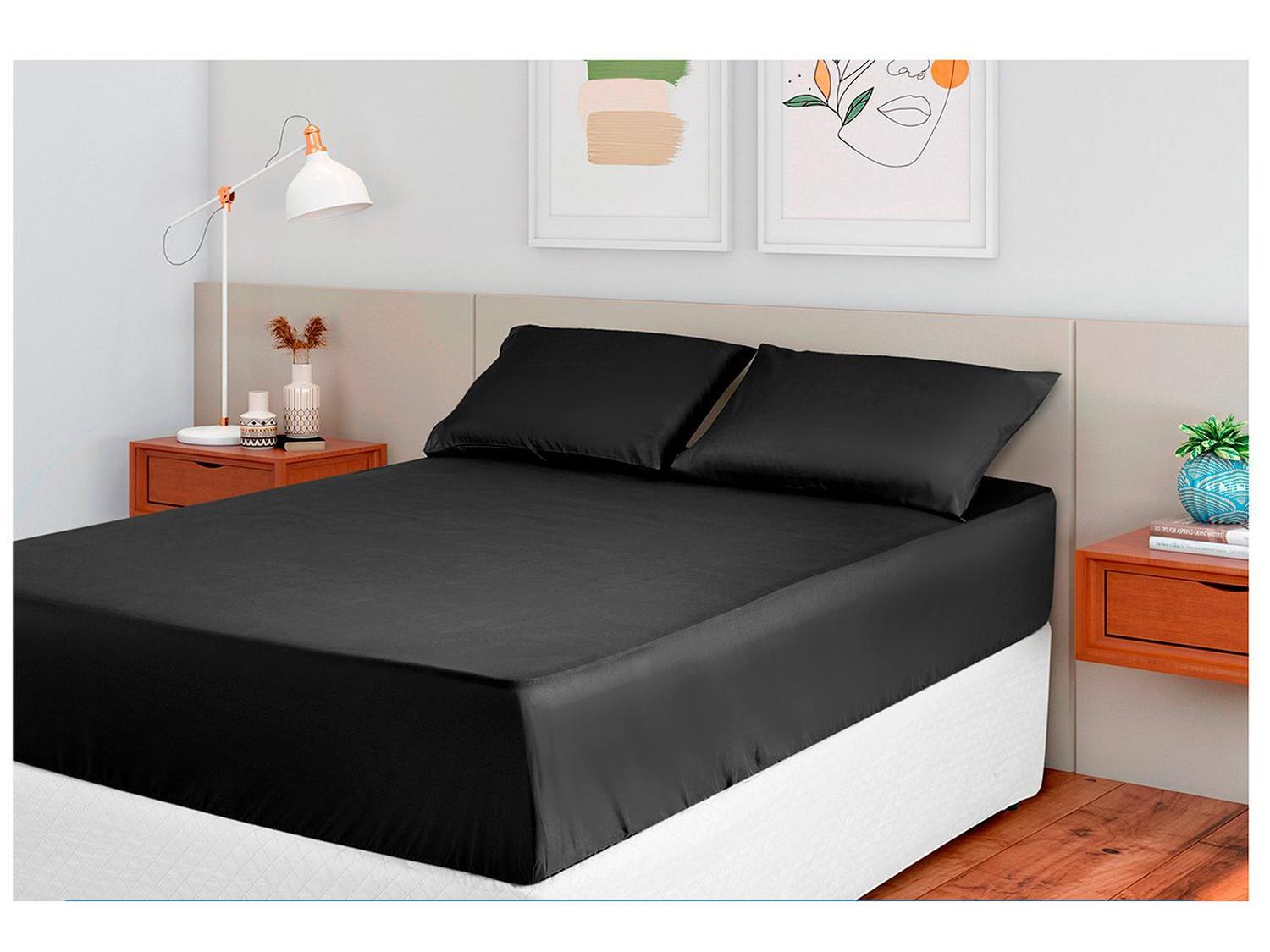 Jogo de Cama Casal 100% Poliéster Marcelino Têxtil Hypercal Preto 3 Peças