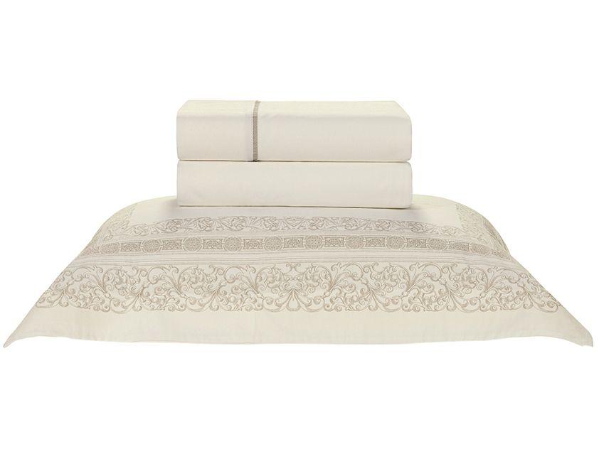Jogo de Cama Solteiro 100% Algodão Karsten 200 Fios Romana Branco e Bege 3 Peças