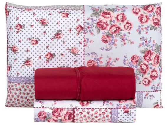 Jogo de Cama Solteiro Hypercal Athenas Marcelino Têxtil 400 Fios Lille Branco e Vermelho 3 Peças