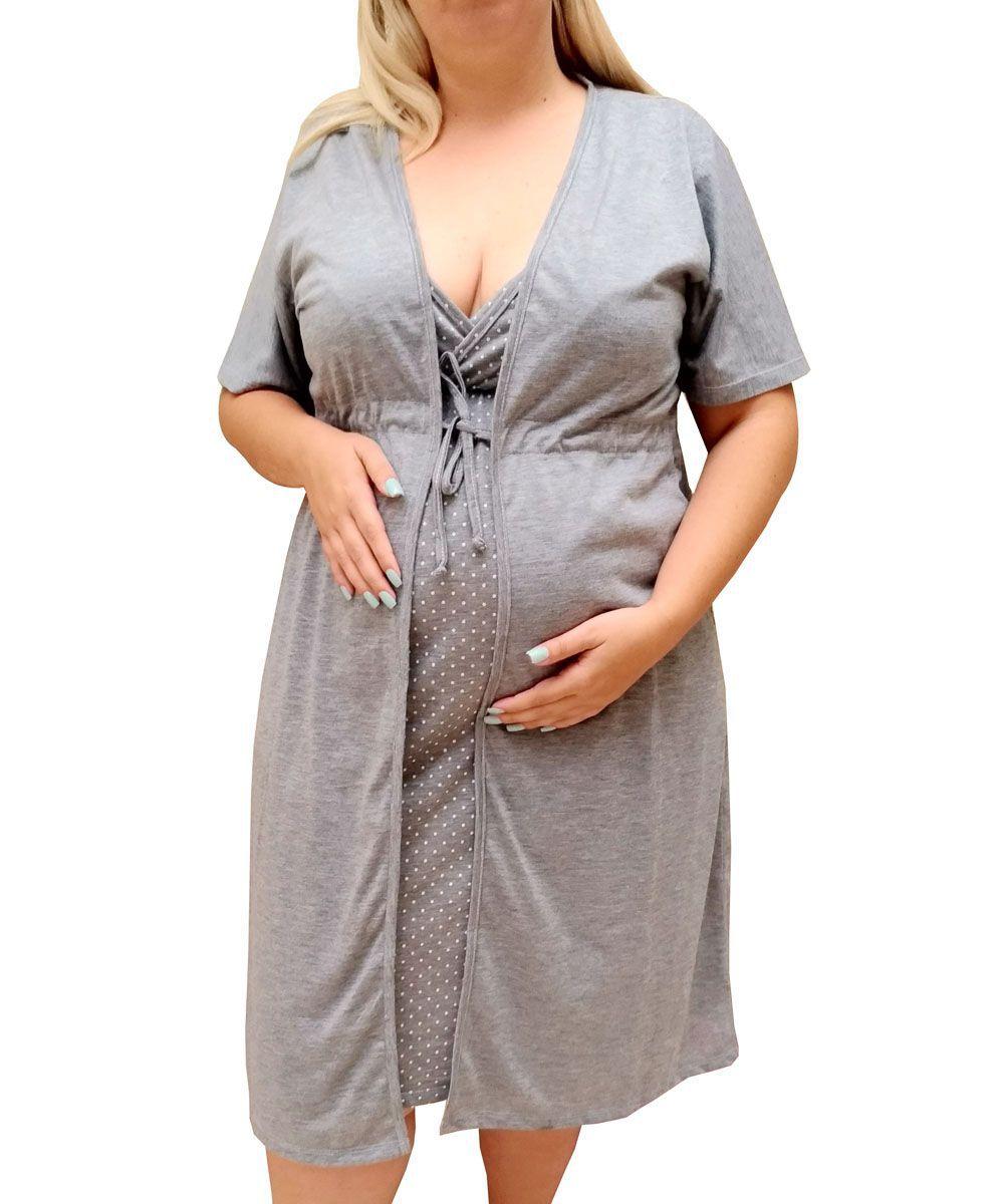 Jogo De Camisola Com Robe Linda Gestante Gestante e Pós Parto Plus Size  Cinza Poa Branco - Camisola Plus Size - Magazine Luiza