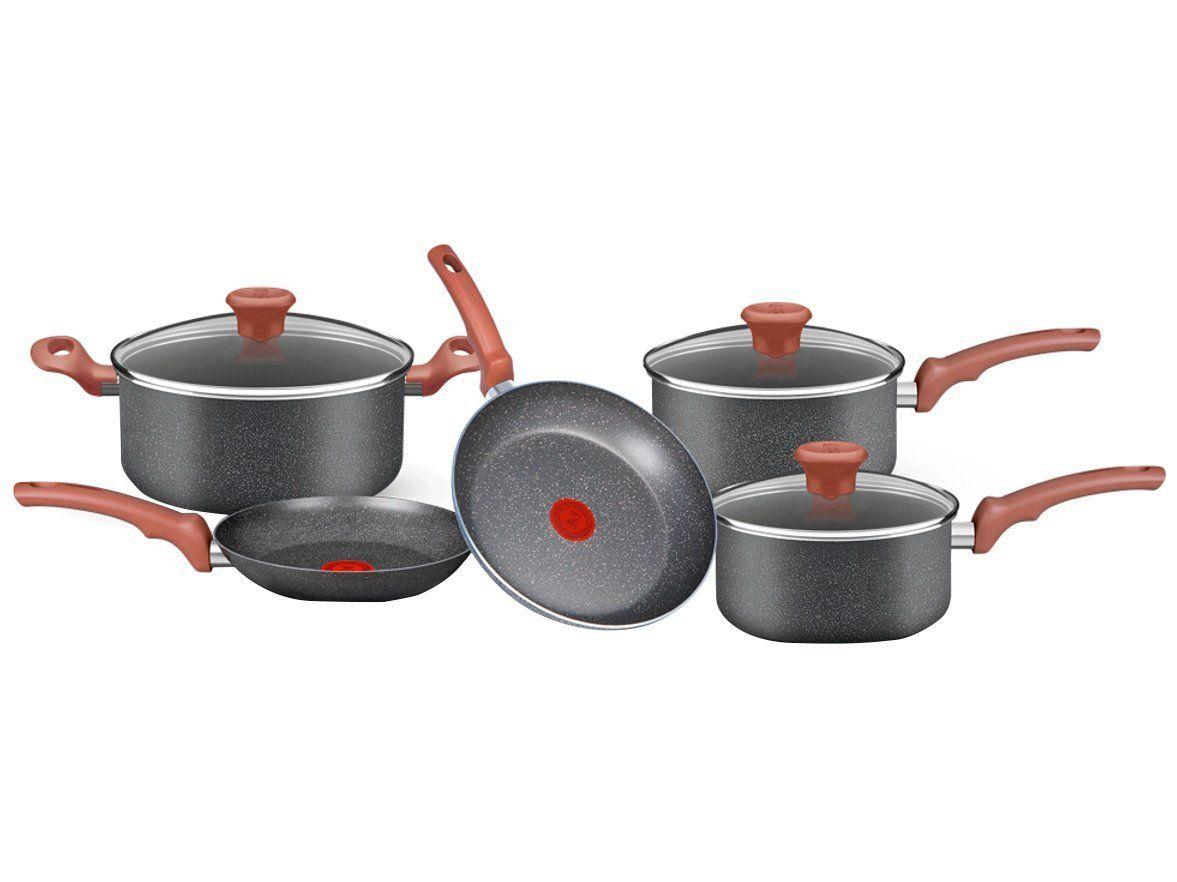 Jogo de Panelas Rochedo Antiaderente de Alumínio Cinza e Bege 5 Peças Natural Stone