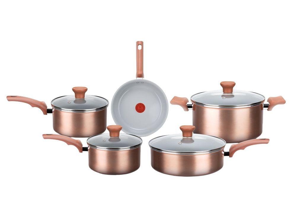 Jogo de Panelas Rochedo Cerâmico de Alumínio Rose Gold Fundo Triplo 5 Peças Ceramic