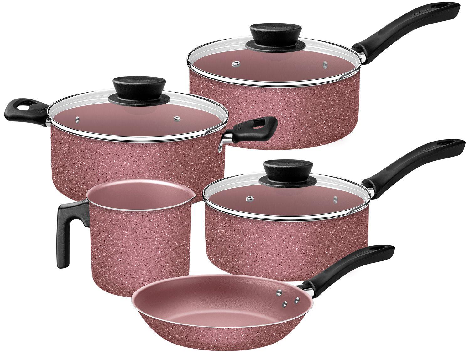 Jogo de Panelas Tramontina de Alumínio Rosa 5 Peças Linz