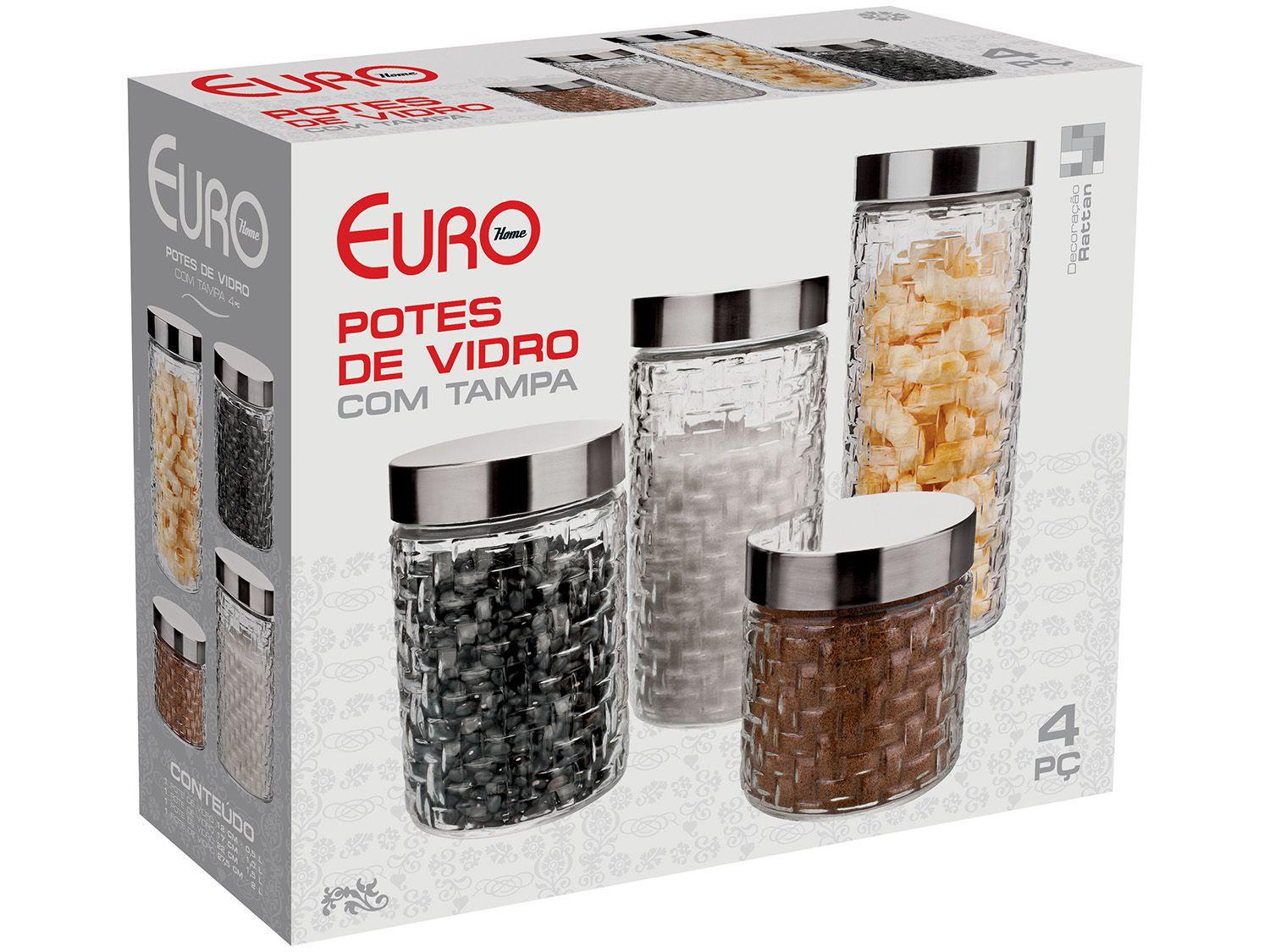 Jogo de Potes Vidro Euro Home com Tampa Redondo 4 Peças Pote