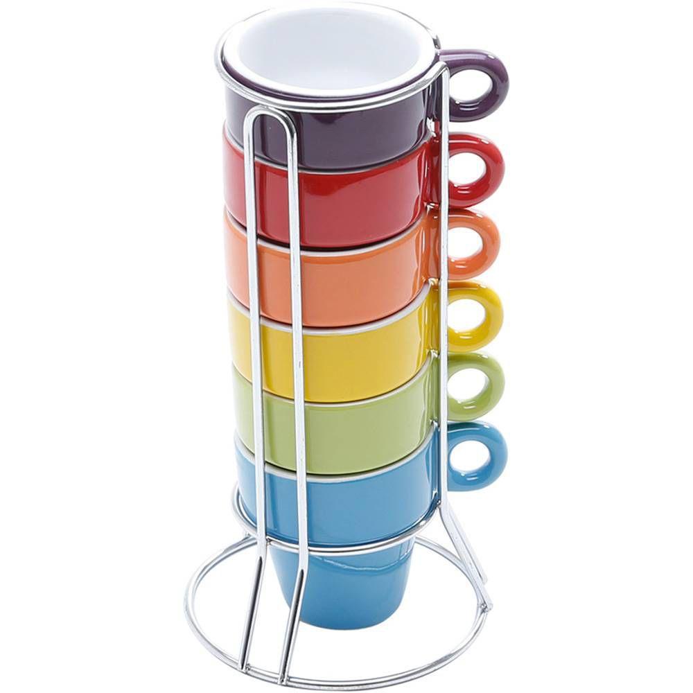 Jogo de Xícaras de Café 6 Peças com Suporte Coloridas