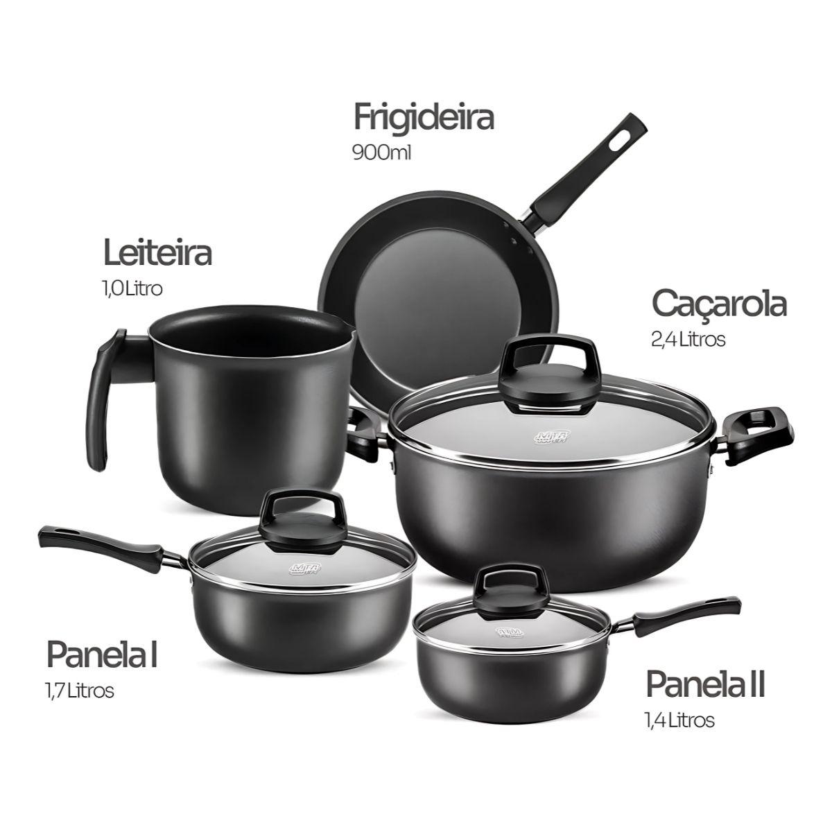 Imagem de Jogo Panelas Conjunto 5 Peças Antiaderente Tampa Vidro Cozinha MTA Completo Reforçado Premium
